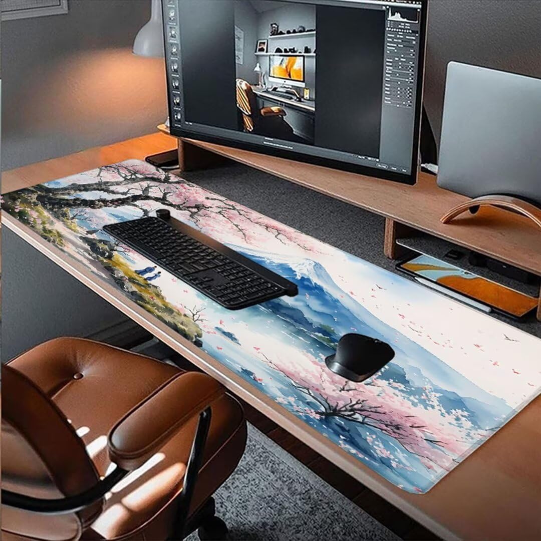 Podkładka pod mysz z kwiatami wiśni pod biurko, podkładka pod mysz XXL 1200 x 600 mm, podkładka pod mysz górską antypoślizgowa wodoodporna podkładka pod mysz, podkładka pod mysz z przeszytymi