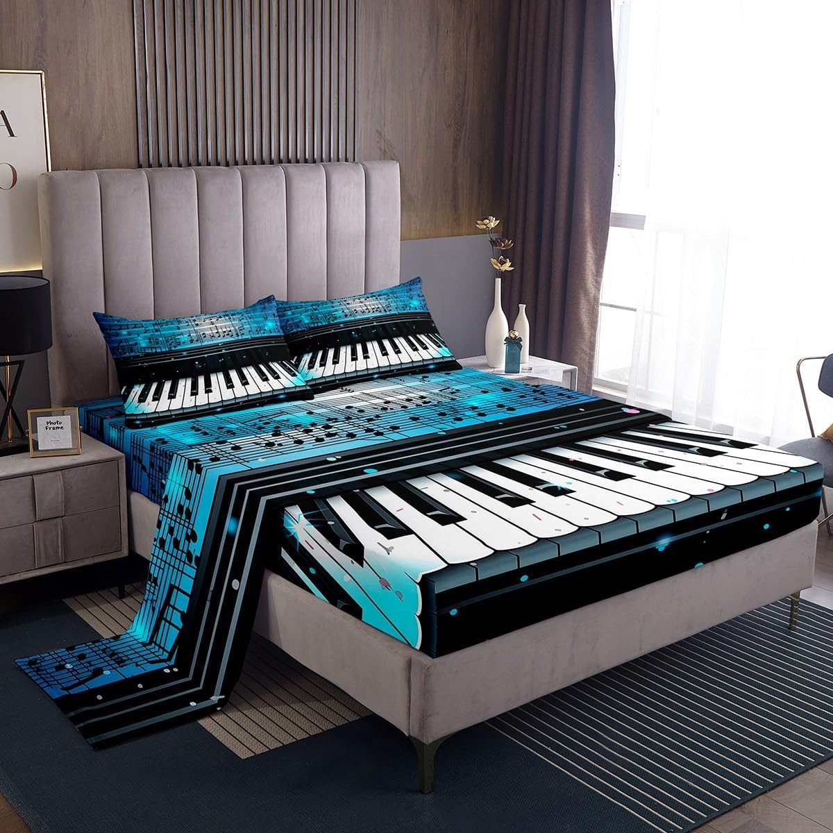 Feelyou King Size Piano Bed Sheets Boys Girls Musical Sheet Set for Kids Music Theme Bed Set Blue Sheets 4Pcs,1 Fitted Sheet+2 Pillow Sham+1 Flat Sheet