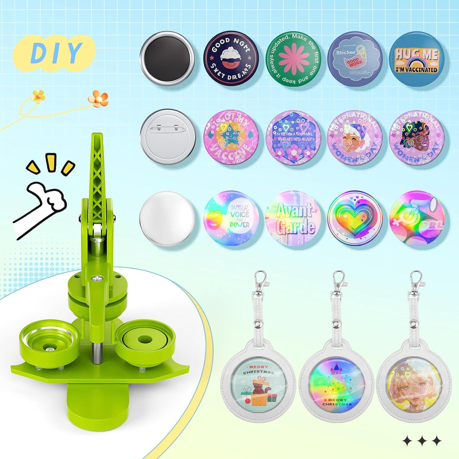Button Maker Machine 2.25'', Pin Maker Button Press Machine W/100 Holographic Film Pinbacks,10 Fridge Magnet Badge, 5 Badge Pendant, DIY Kit for Christmas Party School(Green, 2.25'')
