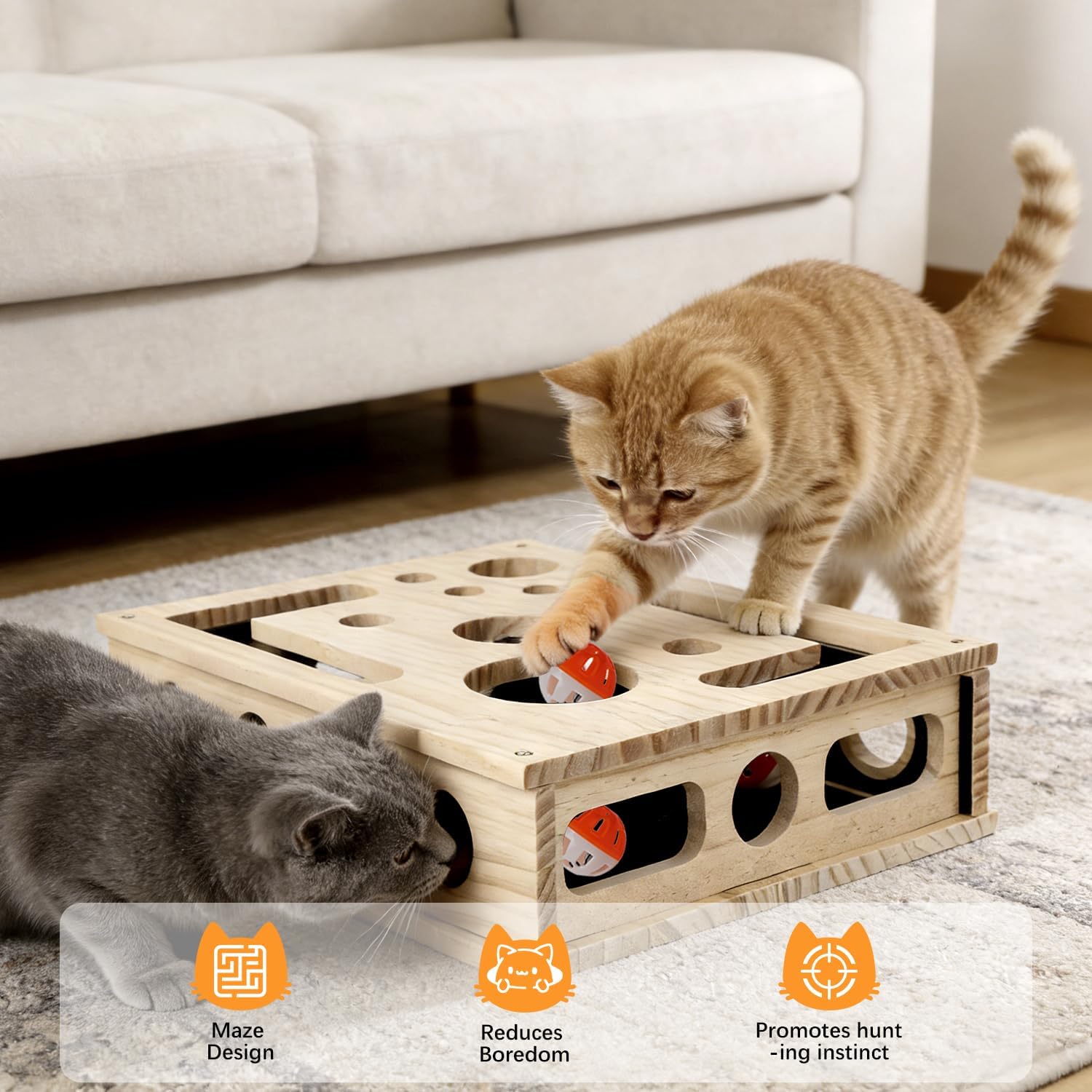 Cat Scratch Puzzle Enrichment Box, Wooden Cat Nail File Box Stress Free Alternative to Grinders, Maze Toy Box for Indoor Cats Scratching, with Sandpaper & 3 Bell Balls