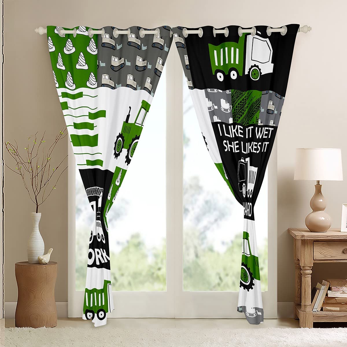 Cortinas de ventana de tractor de cosechadora verde, sueños de construcción para niños, cortinas opacas de coche de dibujos animados (30%-50%) para equipos agrícolas, maquinaria, camión, decoración d