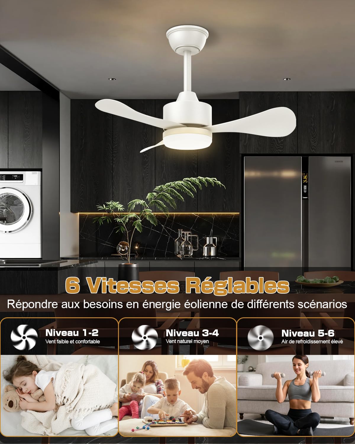 Airwit Ventilateur Plafond 71cm avec Lumière Télécommande Silencieux 3 Pales LED Moteur DC Réversible 6 Vitesses