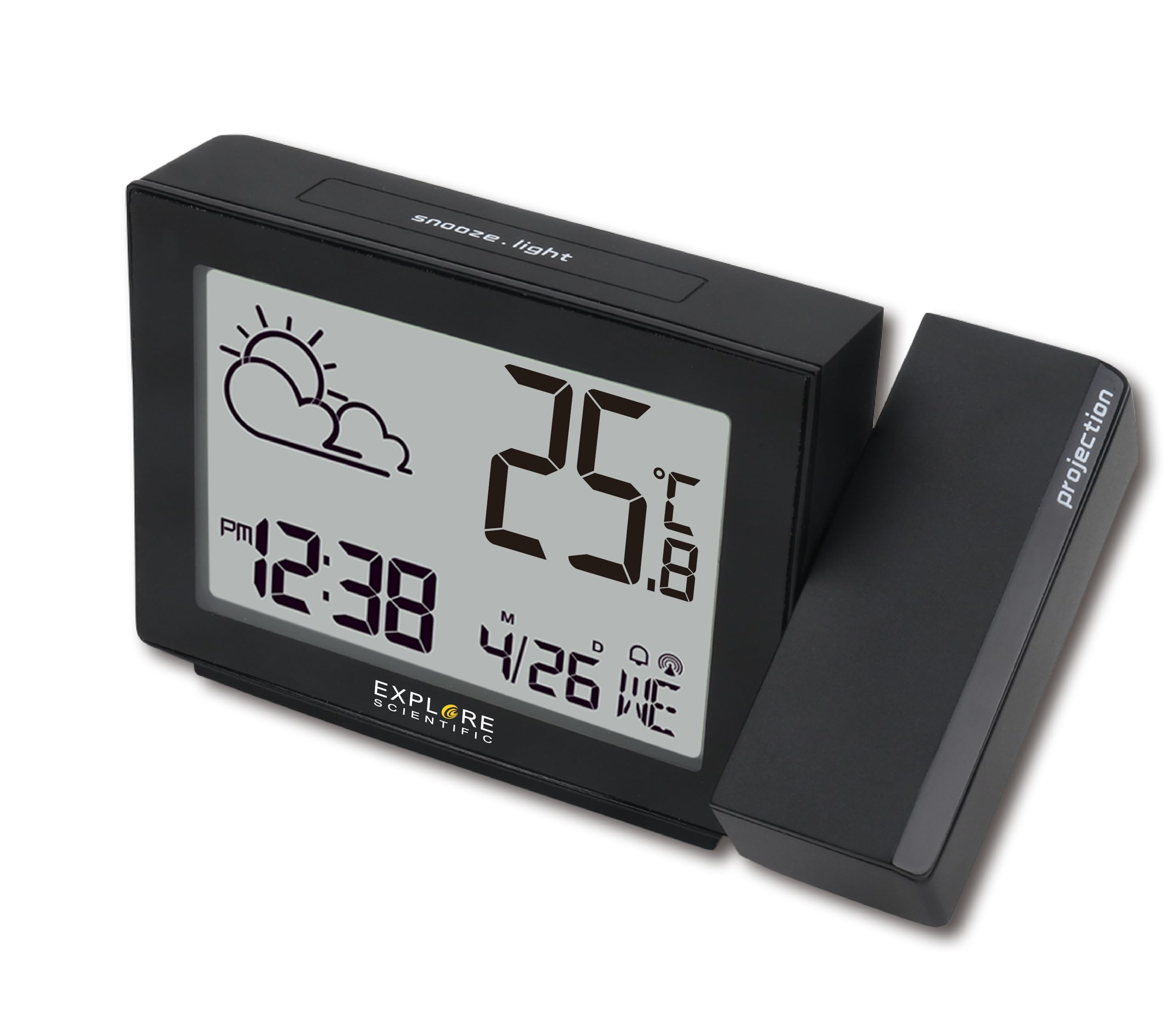 Explore Scientific RPW3001 Orologio a Proiezione, con Meteo, Radiocontrollato, Barometro, Visualizzazione Temperatura Interna, Nero