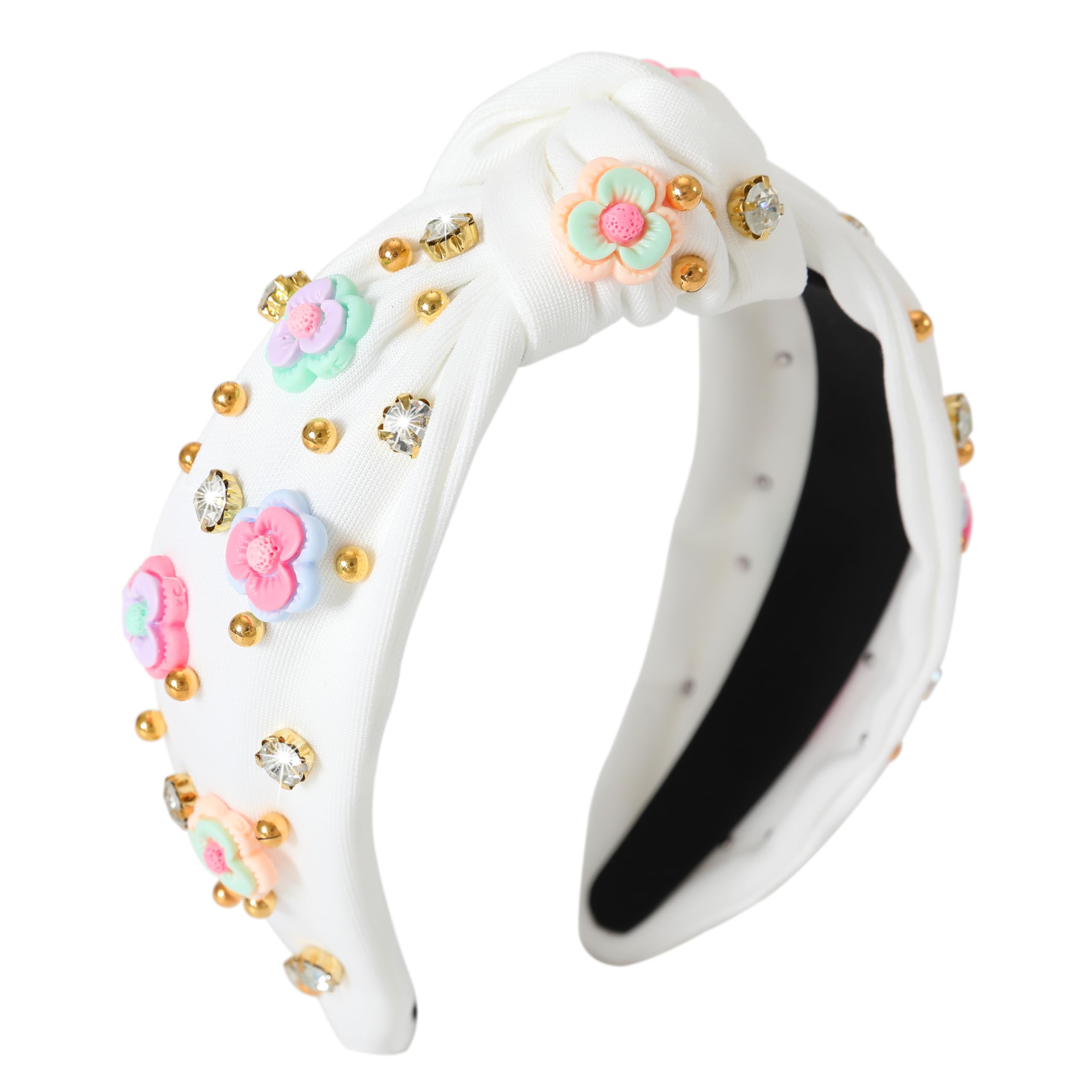 Gmmidea Flower Knotted Headbands for Women Sparkly Beaded Crystal Floral Headband Wide Top Knot Fancy Embellished Hairband Fashion Girls Summer