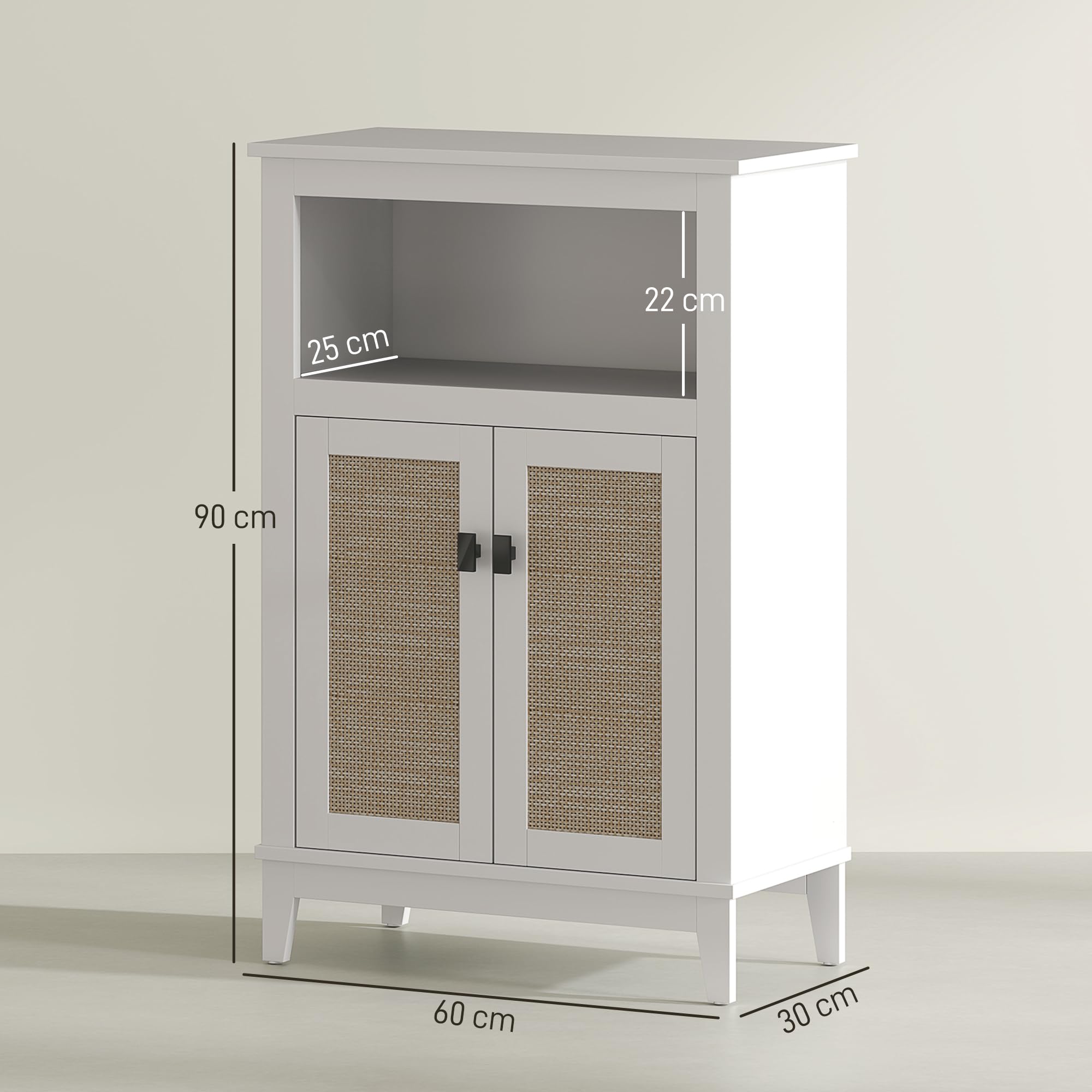 HOMCOM Mueble Auxiliar de Baño con Frontal de Ratán Armario de Baño con 2 Puertas Compartimento Abierto Estante Ajustable 60x30x90 cm Blanco