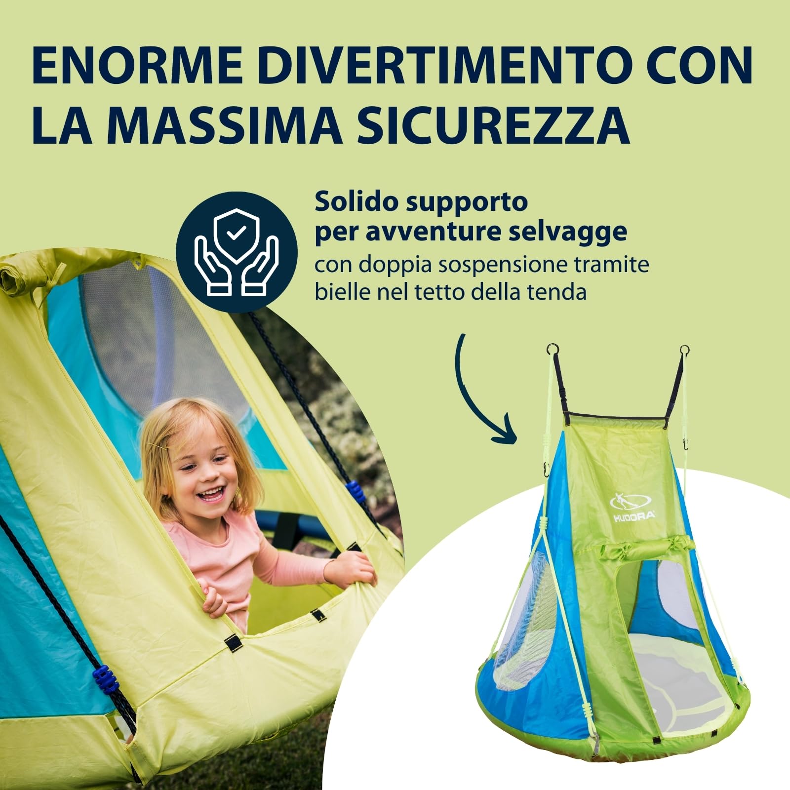 Tenda HUDORA Cosy Castle - copertura per altalena HUDORA nest 90 e 110/120 in blu/limone - tenda per altalena in poliestere per uso interno ed esterno - tettoia per altalena per bambini e adulti