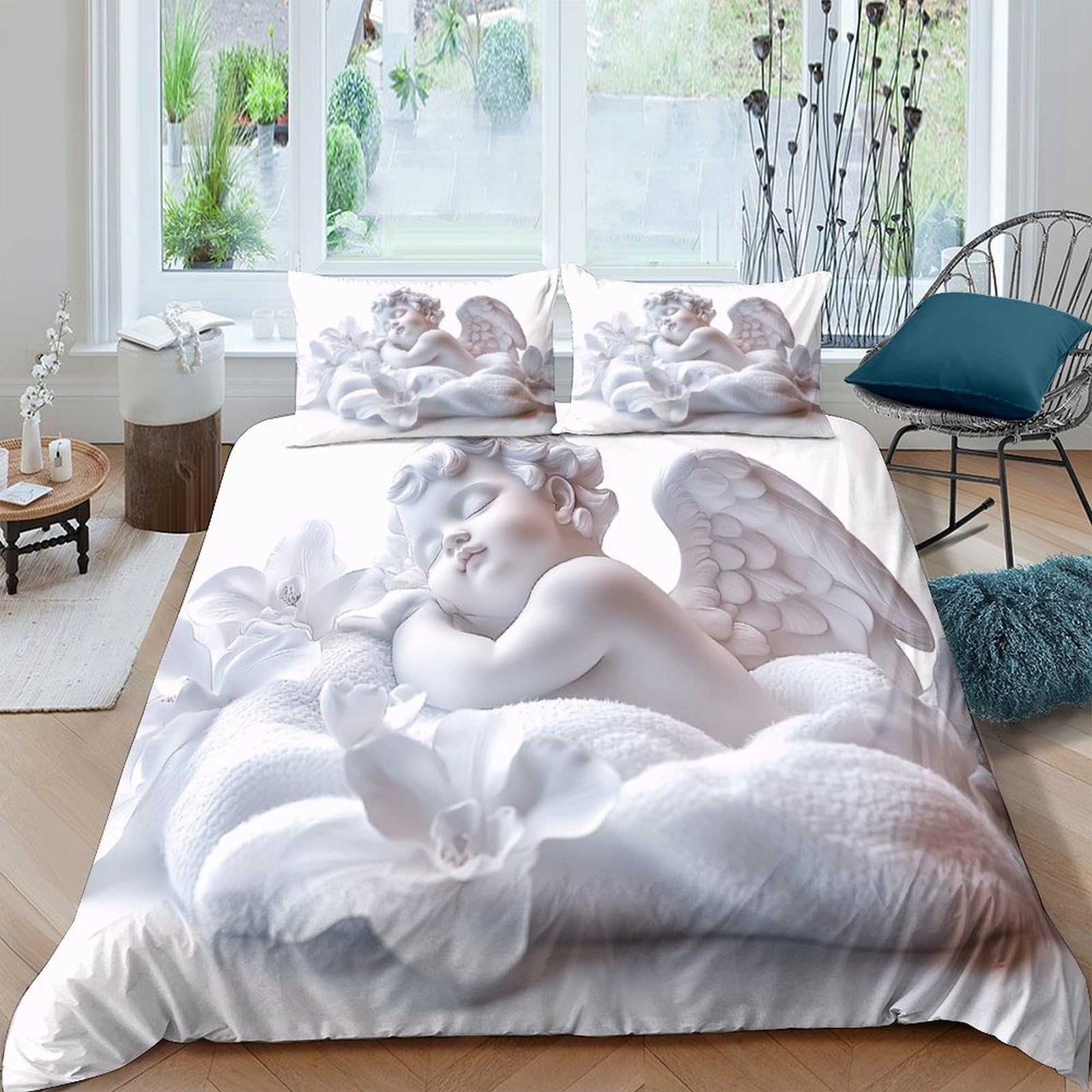 Ctjqhvkz Style-2 3D Printed Angel Statue Fitted Sheet Microfiber Soft Cloud Bed Cover For Bedroom Decor Dorm Mattress Protection Single（135X200cm）