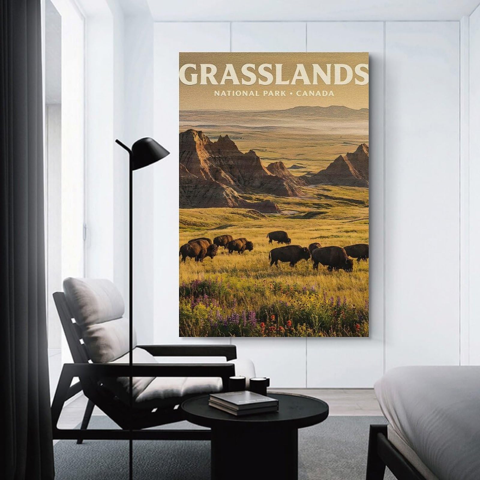 Junmoney Grasslands National Park Bison Landscape Wall Art Print, 24x36inch(60x90cm), for Front Hall, Corridor Or Welcome Spaces, Wall Decor to Refresh Empty Corners