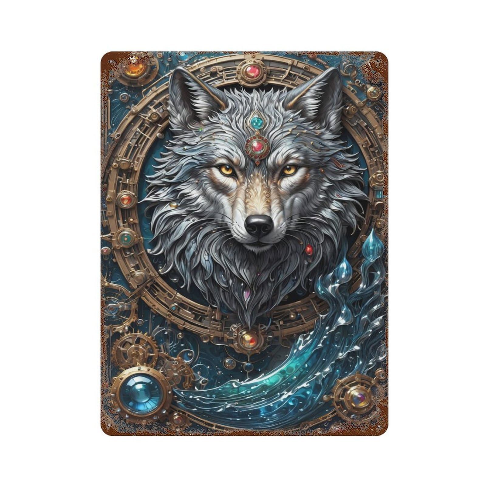 Weathered Tin Sign with Astral Enchanter Wolf Design 15.7"x11.8", for Basement, Hobby Room And Garage Decor, Industrial Home Decor