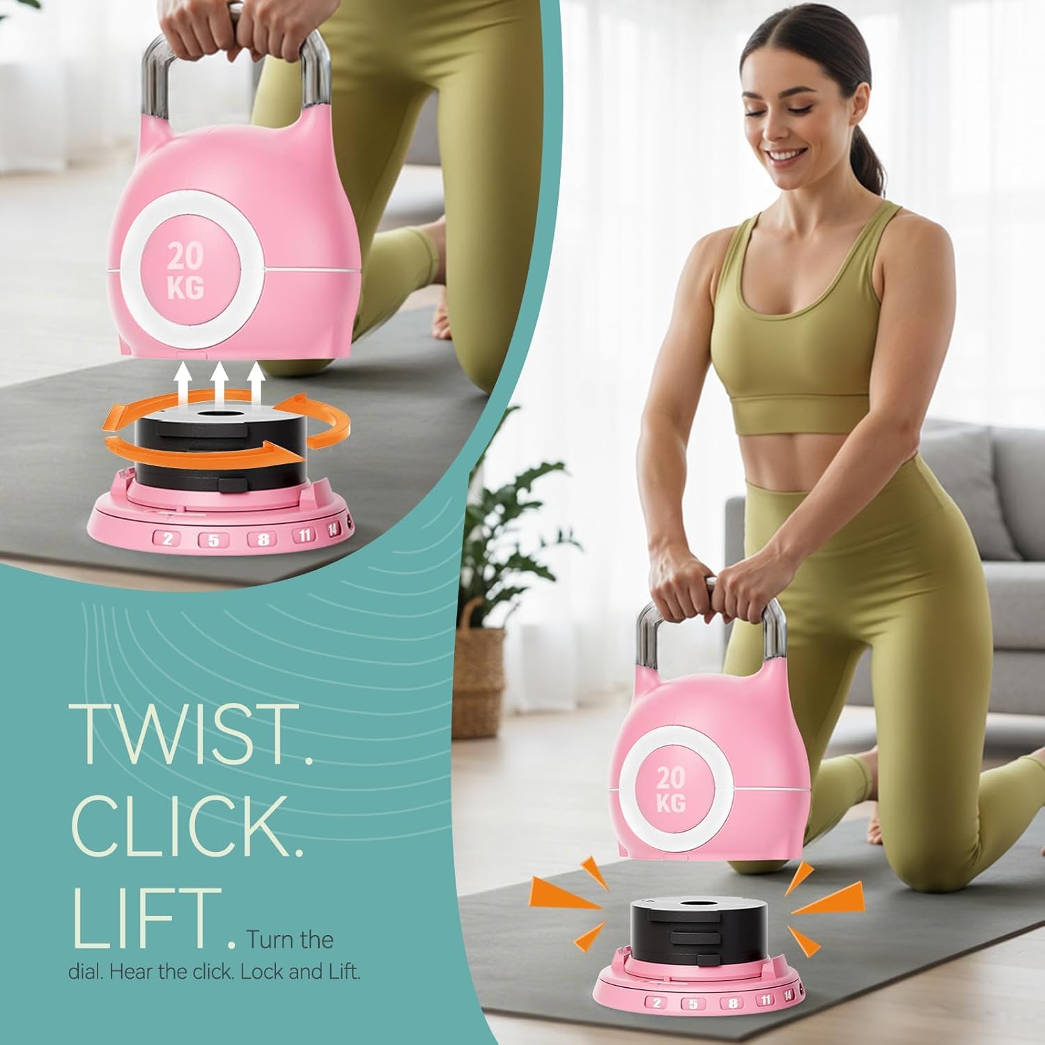LIFERUN Kettlebell Pesa rusa ajustable con 7 niveles de peso, aluminio fundido a presión y material ABS, Compacta para Entrenamiento de Fuerza, Hogar y Gimnasio