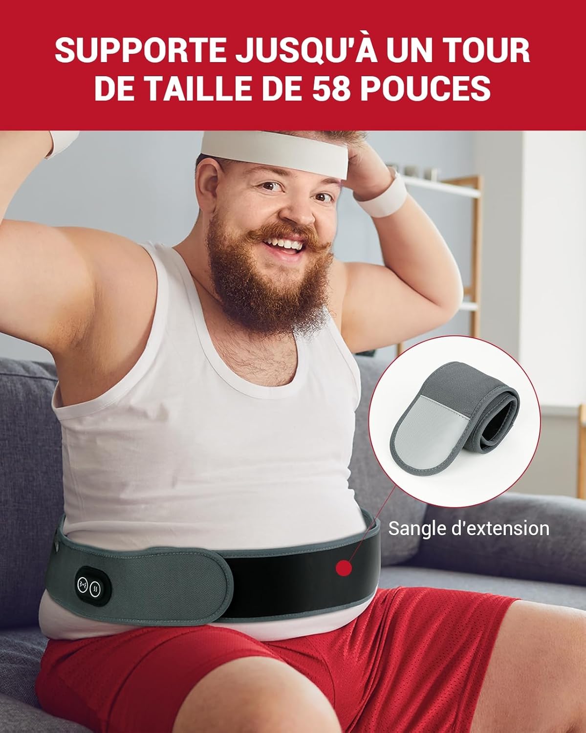 Man wearing the Comfytemp Lumbar Heating Belt with an extension strap, demonstrating its adjustable fit for waist sizes up to 58 inches.