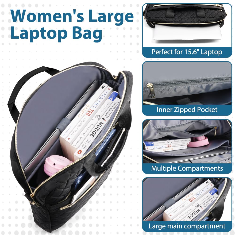 Borsa del Portatile, 15.6 Pollici Cartella per Laptop, Borsa da Lavoro Donna Impermeabile, Borsa Computer Grande con Tasche e Divisori Interni Imbottiti, con Tracolla, per Ufficio, Scuola, Nero
