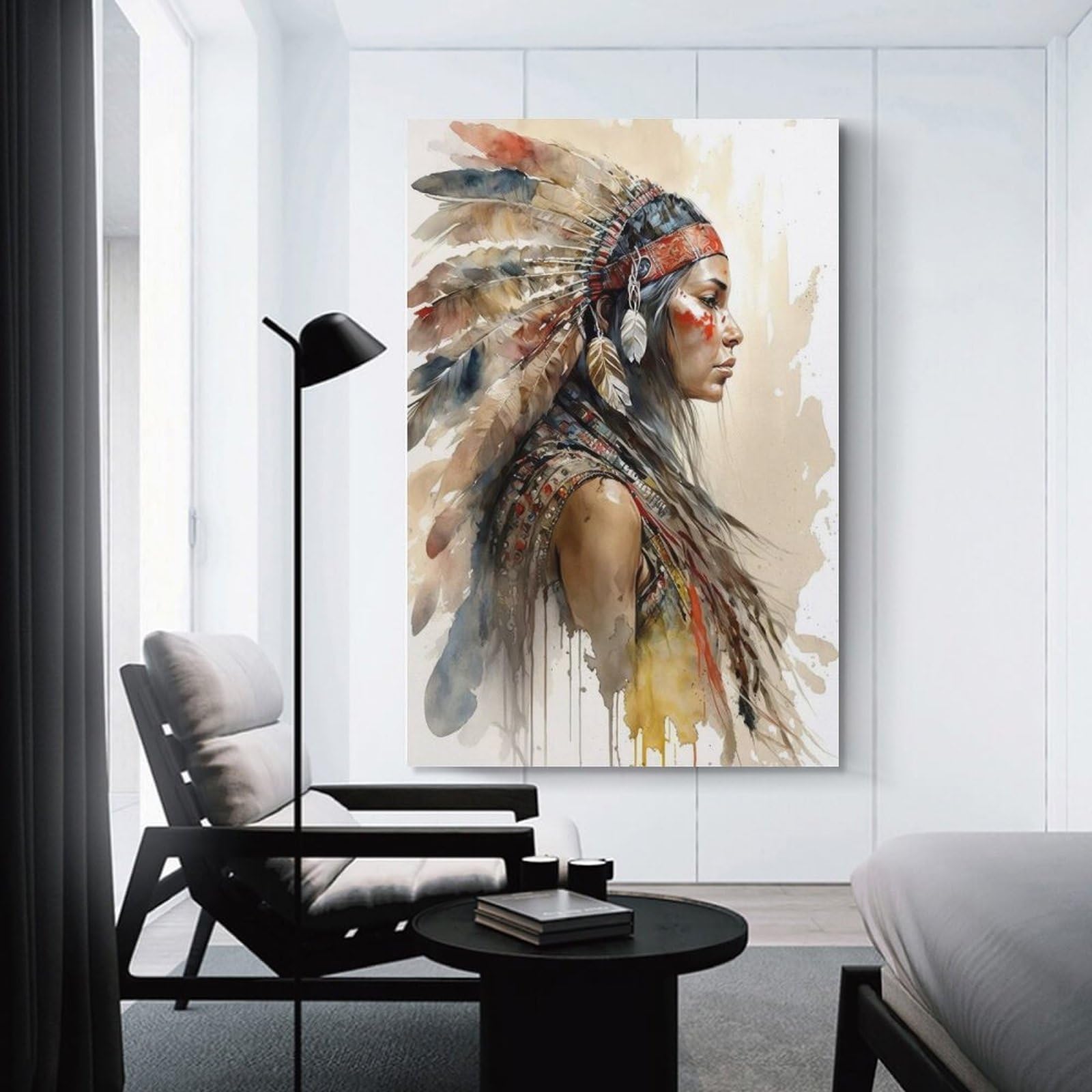 Junmoney Native American Warrior Art Print Home Decor Wall Art, 24x36inch(60x90cm), for Apartment Walls, Studios Or Work Areas, Decorative Canvas Decor for Home Updates