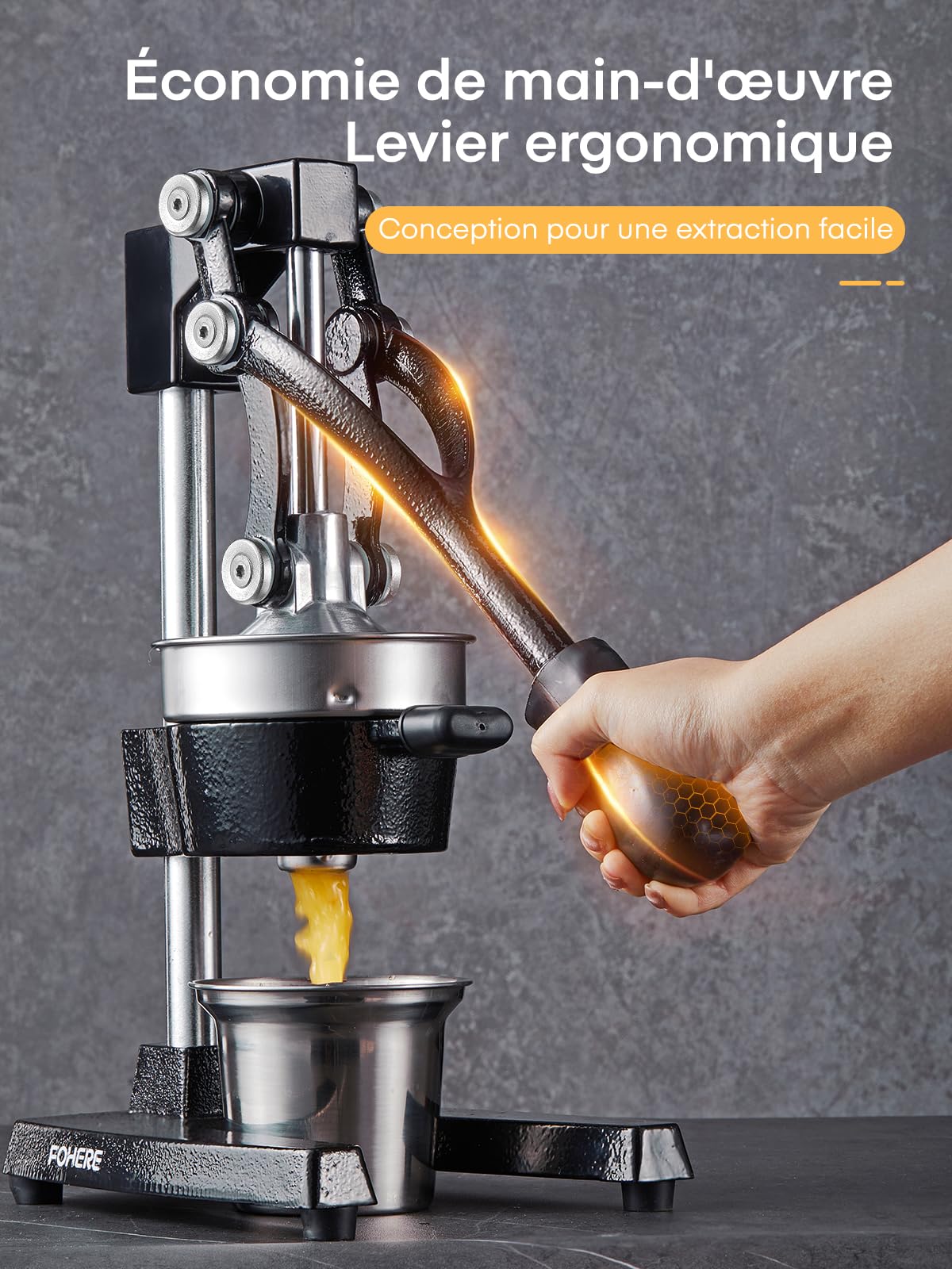 Presse Agrumes Manuel FOHERE, Presse Citron en Fonte, Presse Agrumes Commercial à Main pour Orange, Citron, Grenade, Pamplemousse, Presse Agrumes Facile à Nettoyer avec une Tasse en Acier Inoxydable
