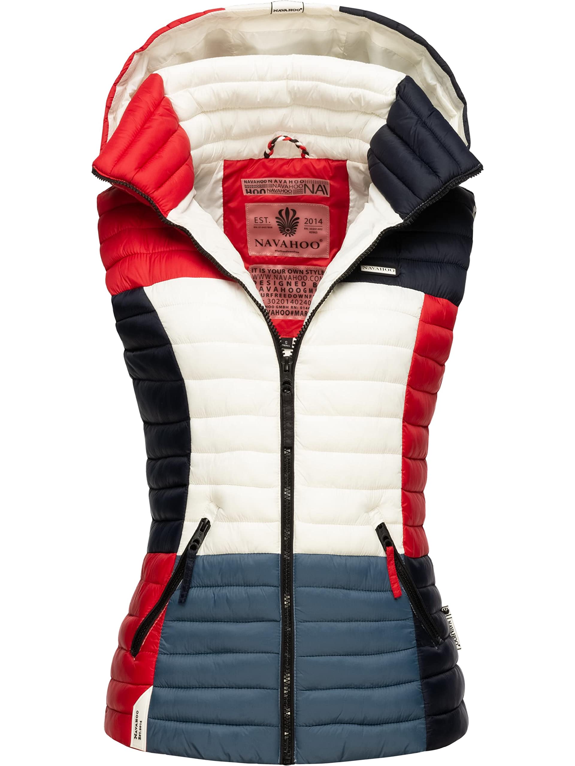 Navahoo Women's Multicolour French Tricoloree Shadaa Quilted Vest Lightweight With Removable Hood Colourblocking Style Xs - 3XL, Xs