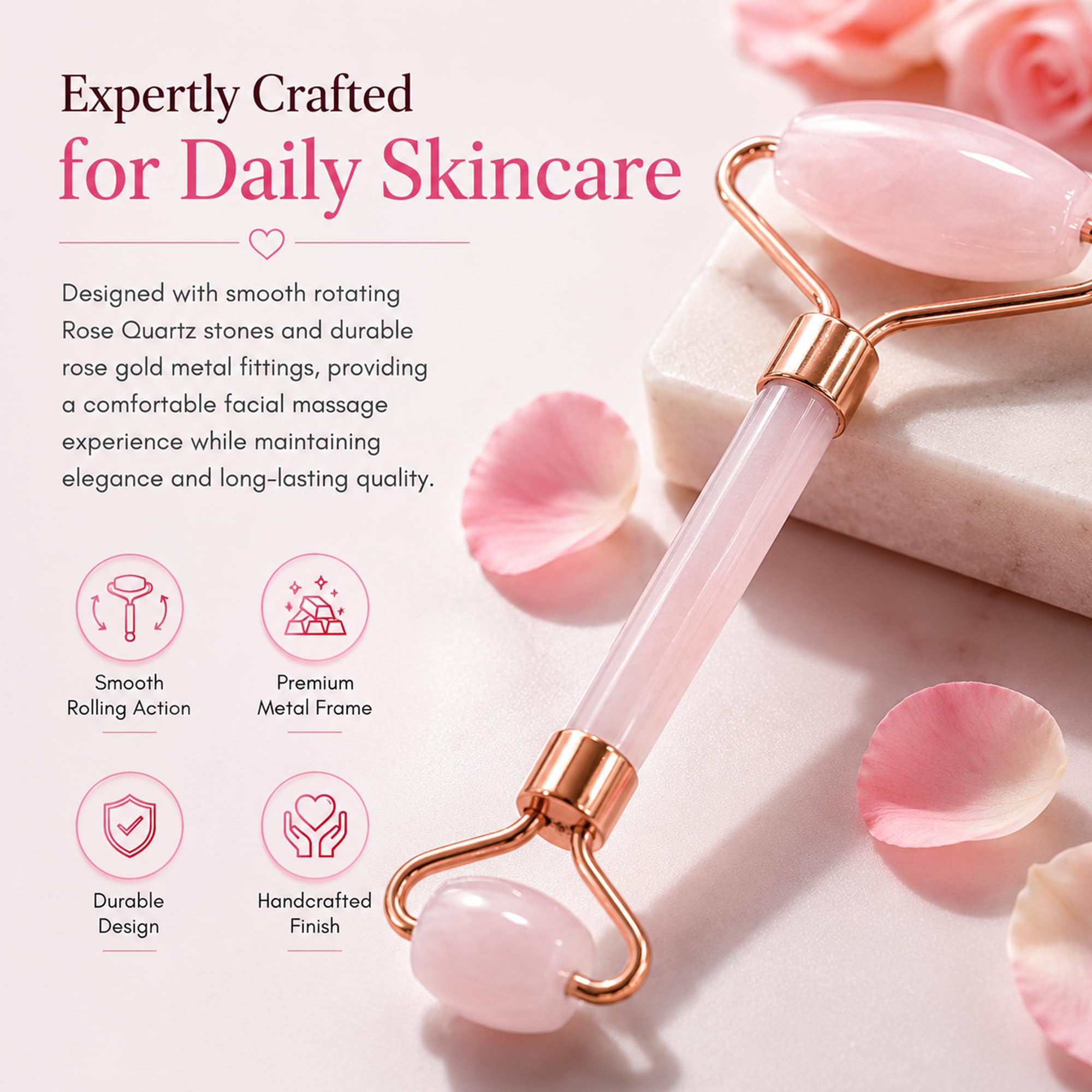 Serein Rose Quartz Facial Roller for Face & Neck Natural Pink Crystal Jade Roller for Skincare, Beauty & Self Care | Dual-Sided Gemstone Massage Tool with Rose Gold Frame 3