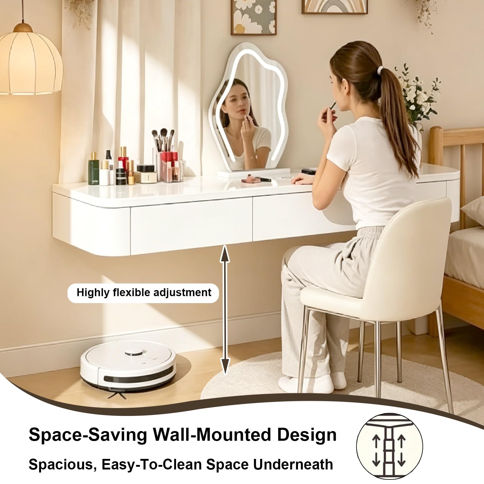 Schwebender Schminktisch Mit Schubladen Zur Wandmontage Schminktische | Schminktisch Für Kleine Schlafzimmer, Make-up-Ablage Mit Abgerundeten Ecken(Black2,140cm/55.1in)