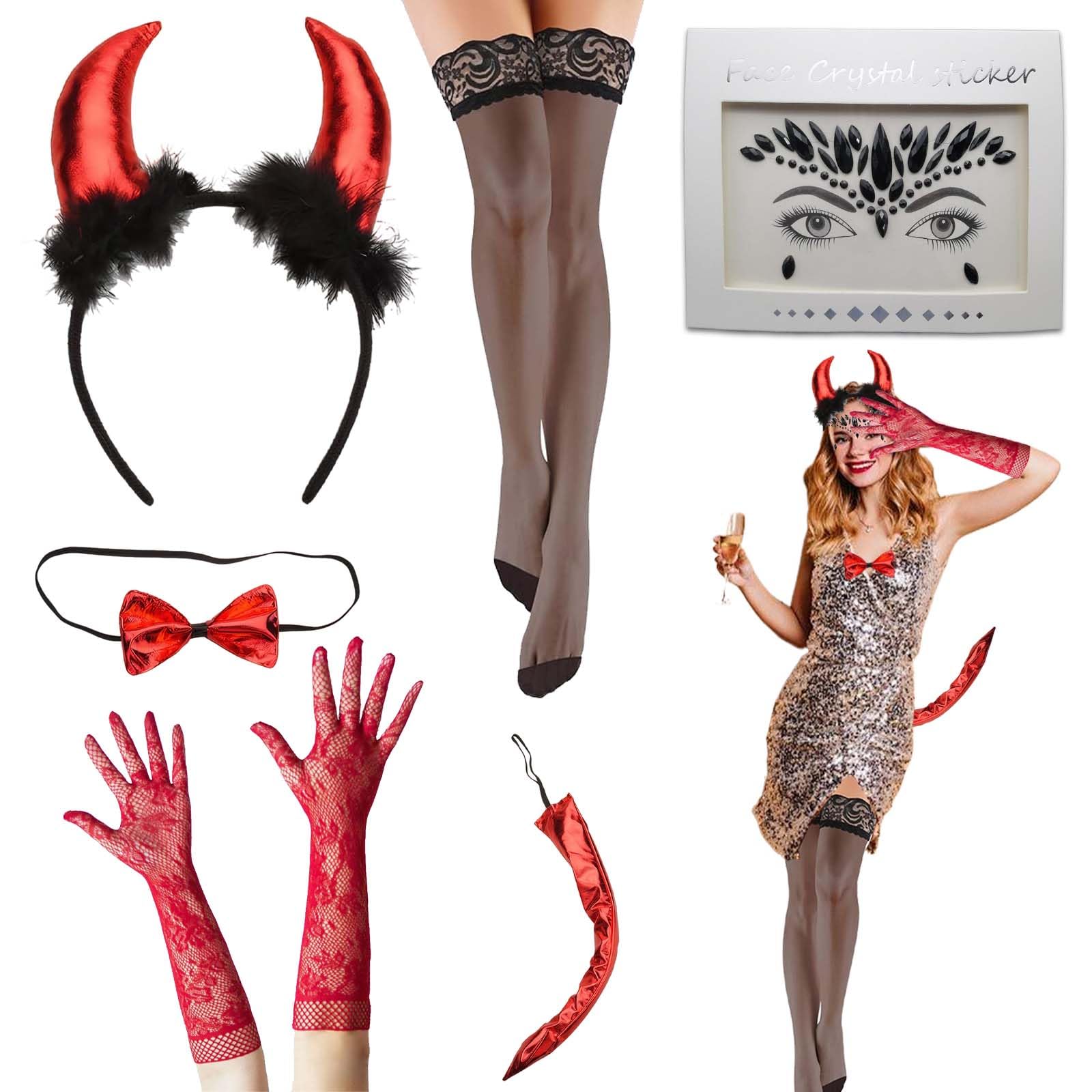 Disfraz Diablo Mujer con Tenedor, Disfraz Sexy, Conjunto de 5 Piezas de Diablo Mujer para Halloween - Destaque en la Fiesta de Halloween y Carnaval