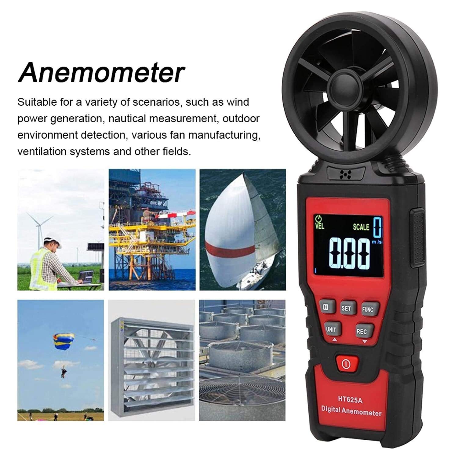 JJJ Anemometro Portatile, Display a retroilluminazione, Display USB Portatile Display LCD Misura Digitale velocità del Vento velocità dell'Aria Volume Air umidità