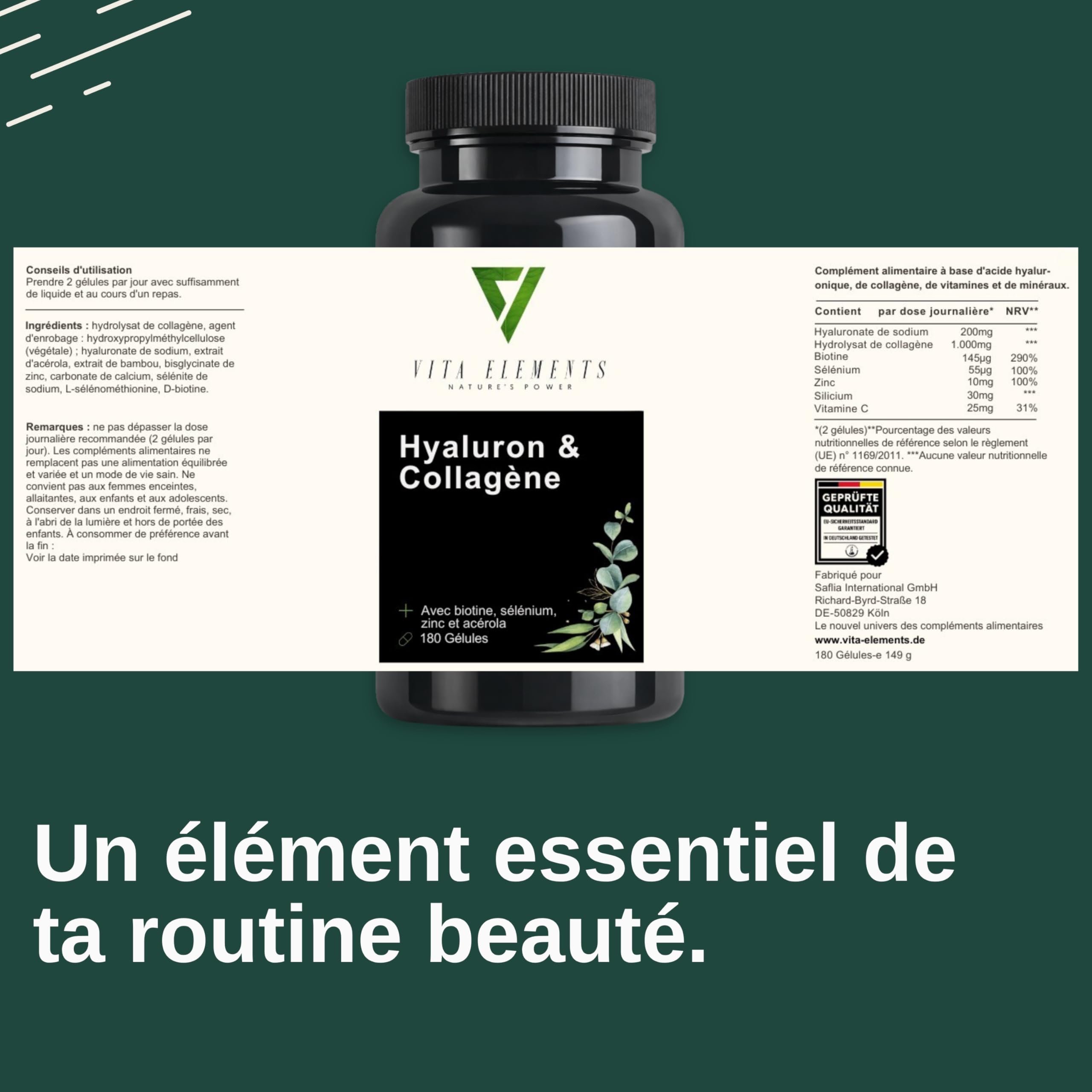 Vita Elements Complexe Acide Hyaluronique Collagène - 180 Gélules - Enrichi avec Biotine, Sélénium, Zinc, Vitamine C & Extrait de Bambou - 3 Mois de Stock - Testé en Laboratoire (3)