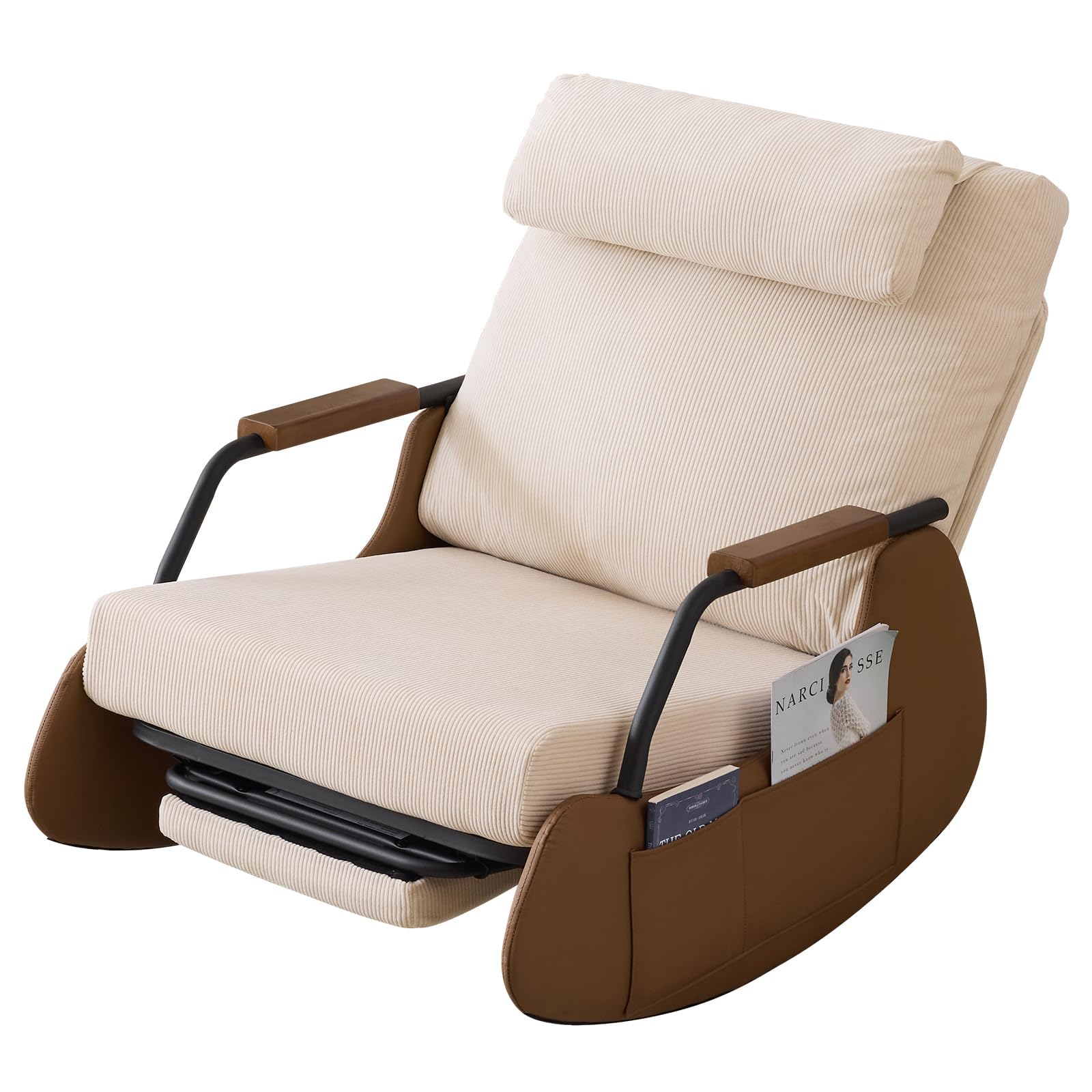 AVAWING Schaukelstuhl mit Klappbarer Rückenlehne,Schaukelsessel mit Kordober Holz und PU,Rocking Chair Schwingsessel für Wohnzimmer,Schlafzimmer,Beige