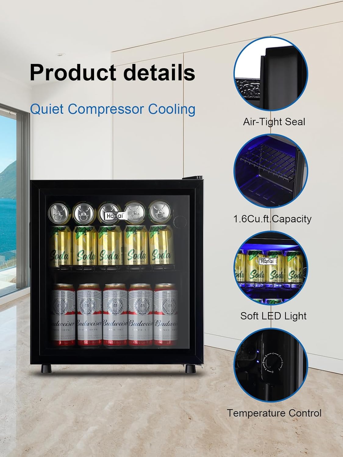 Beverage Refrigerator Cooler 60 Can Cooler Fridge Glass Door for Beer Drinks Wines Juice, 1.7 Cu. Ft Adjustable Shelves Blue LED Lights and User Friendly Temperature Knob for Home Office Dorm Bar