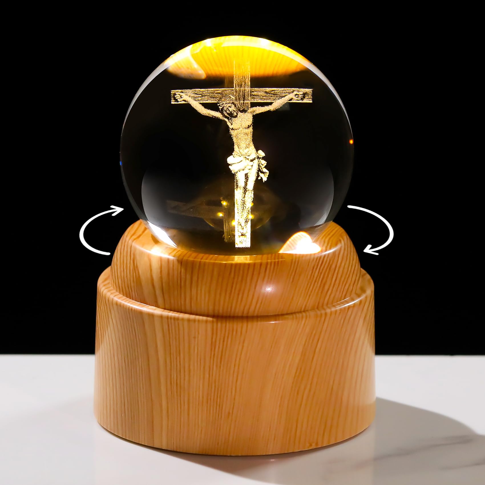Arikyrist 3D Jesus on Cross Crystal Ball 2.36" Christian Gifts for Men Women with LED Rotatable Base Crucifix Figurine Ornaments Easter Presents for Catholic Religious