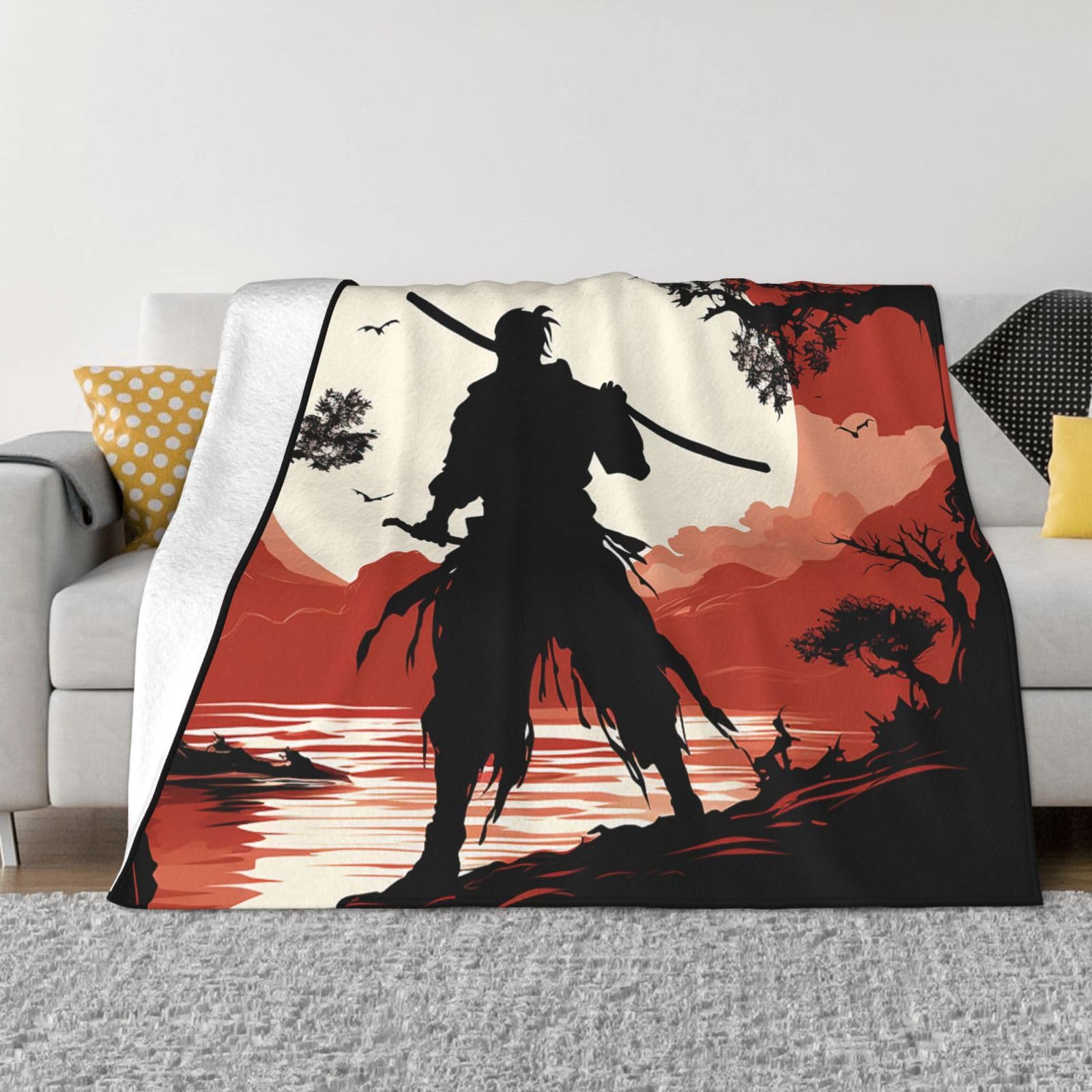 Fodpand Black Samurai Flannel Blanket 50"X40" - Ultra-Soft Lightweight Throw Blanket For Bed, Sofa, And Couch - Luxury Air Conditioning Blankets - Cozy Warm Blankets For All Seasons