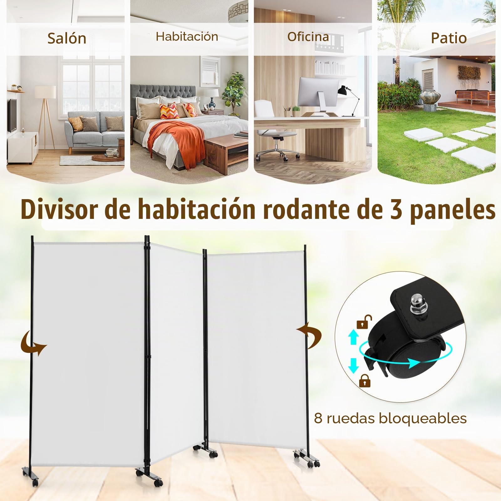 GIANTEX Biombo Plegable con Ruedas, Separador de Privacidad 3 Paneles, 262 x 180 cm, Divisor de Habitación Independiente con Patas Anchas, Pantalla de Tela para Protección Privada (Blanco)