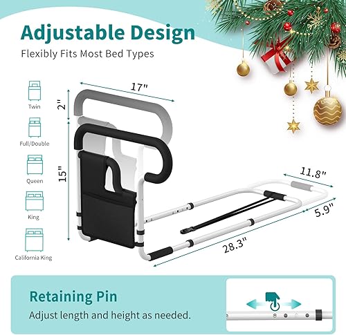 Miniatura 2 de Rieles de cama para adultos mayores, riel de asistencia de cama ajustable para personas mayores, riel de seguridad de cama con 2 bolsas de