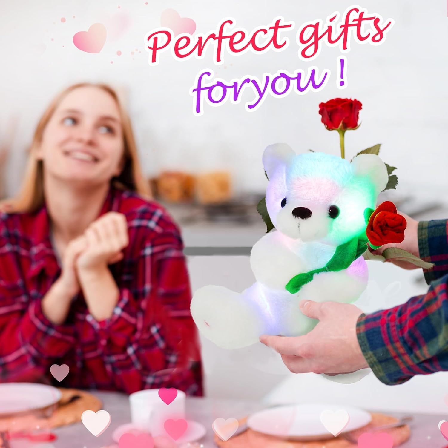 Houwsbaby Glow Teddy Bear with Rose White Bear Stuffed Animal Soft Light Up Plush Toy LED Night Lights Birthday Christmas for Kids Toddler Girlfriend,White,10.5''