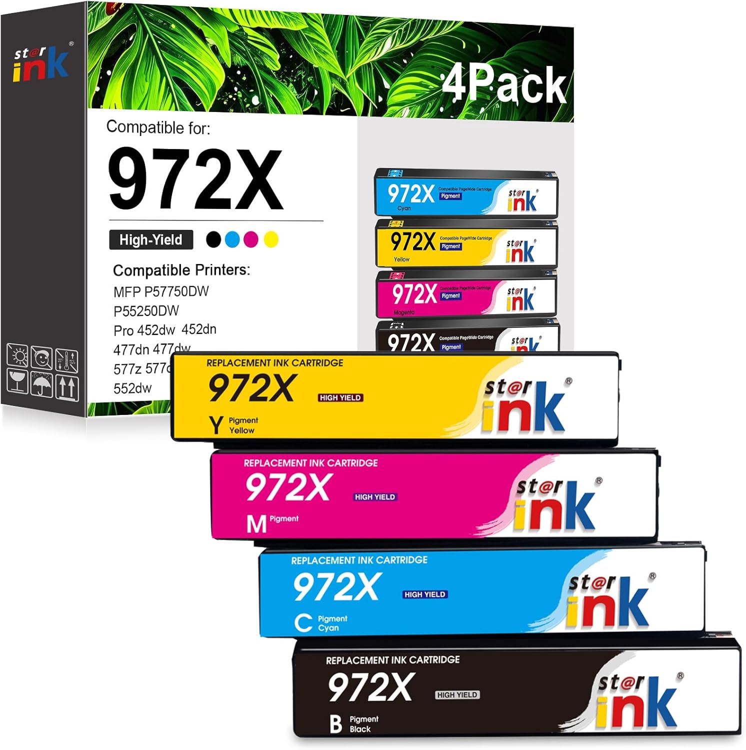 972X Ink Cartridges Compatible Replacement for HP 972A 972X Ink cartridges，Work with PageWide Pro MFP 477dw 577dw 452dw 552dw 477dn 452dn 577z 552dw P55250dw Printers (4-Pack,BK & C M Y)