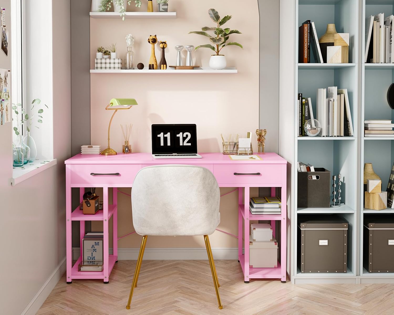 The ODK Pink Vanity Desk configured as a home office desk, showing a laptop and office supplies, demonstrating its versatility.