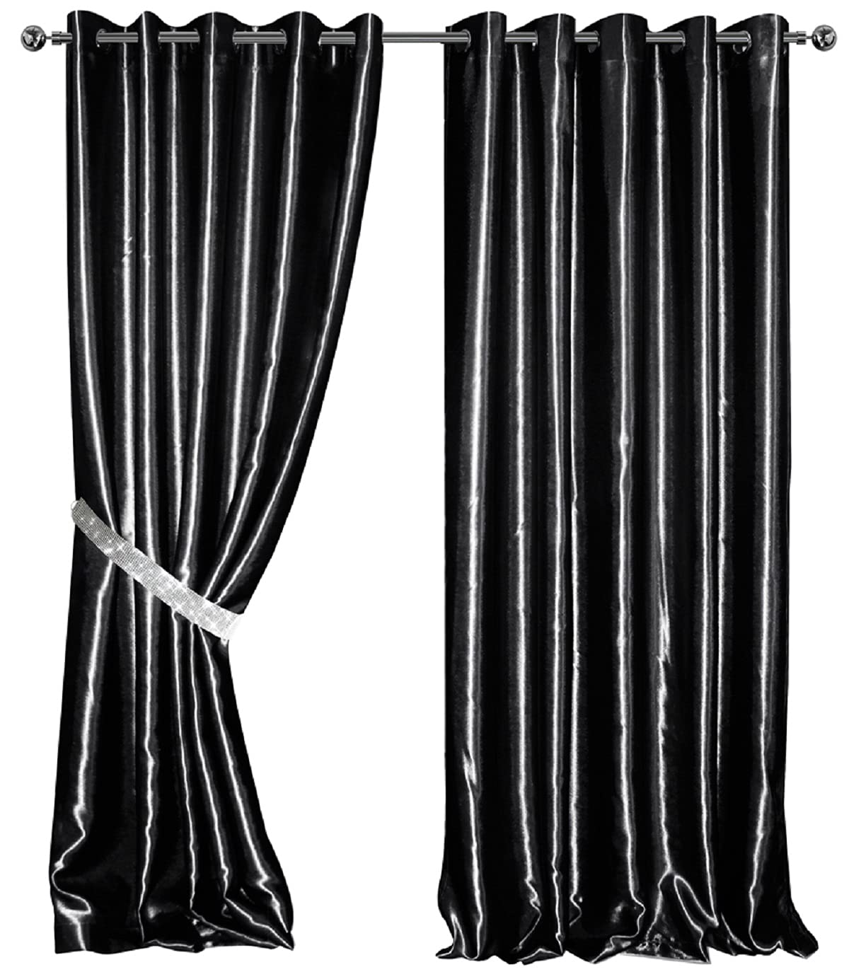 LES4U Satin Blackout Glitzy Eyelet Curtains Pair Diamante Tie Backs 2 Silk Look Panels Thermal Soft Insulated Light Reducing Ring Top Room Darkening Bedroom Curtain (Black, W66 x L90 Inch)