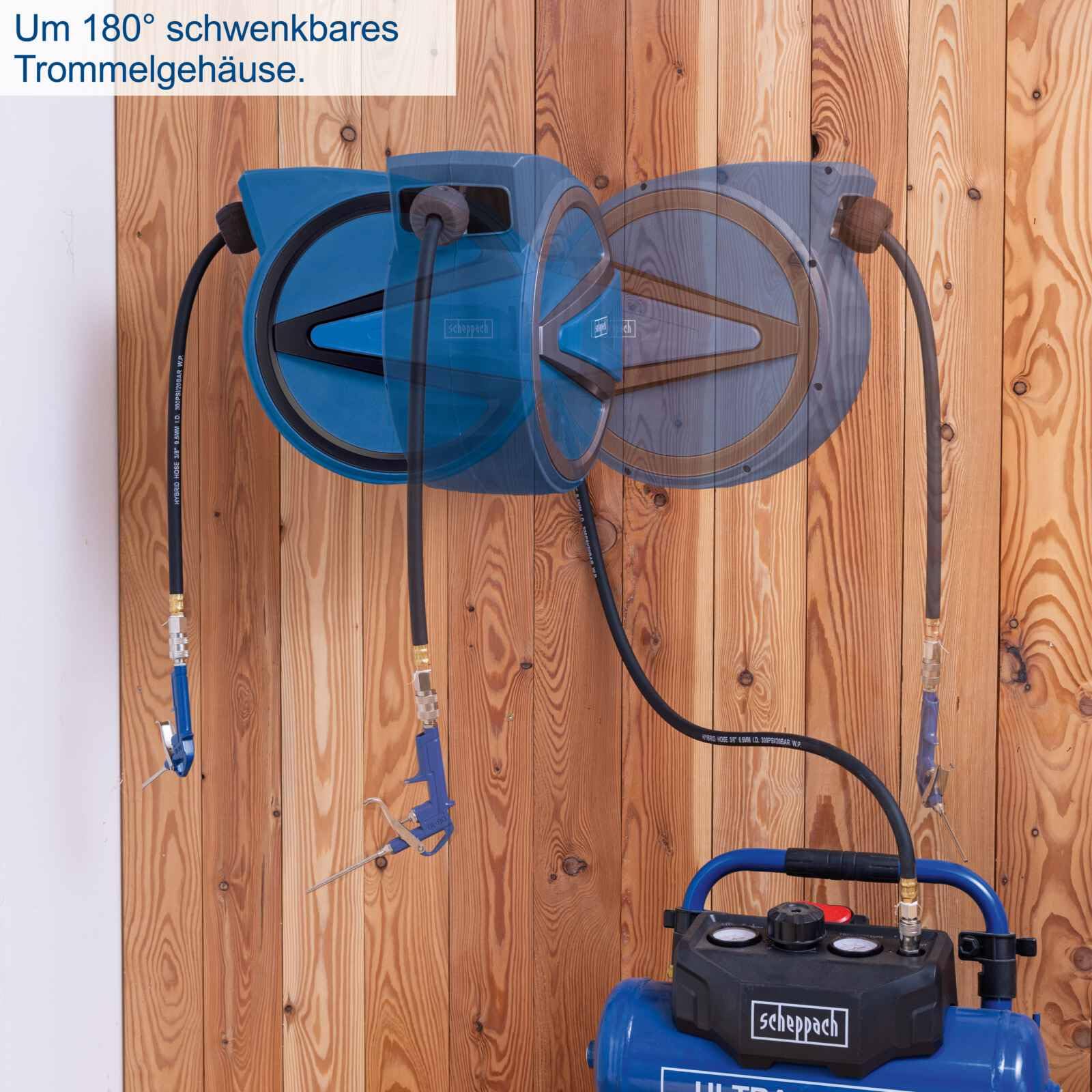 Scheppach 15m Schlauchtrommel Druckluft | 15 bar Arbeitsdruck | Ø 9,3mm innen / 15,3mm außen | 180° schwenkbar | tragbar | mit Auto-Stopp | Automatik Schlauchtrommel AHR15 für Kompressor ¼" Anschluss