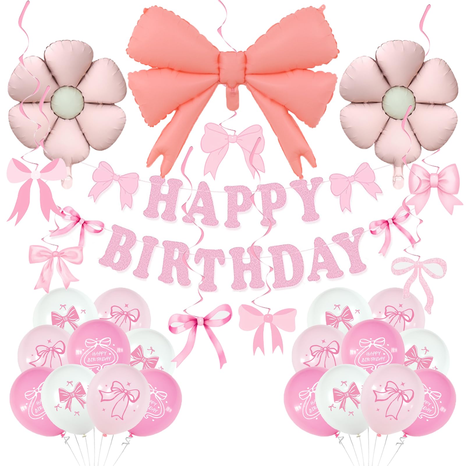 Mainiusi 誕生日 飾り付け バルーン セット 女の子 蝶結び、 花 ピンクとホワイト 風船 ハッピーバースデーパーティー装飾セット Happy Birthday ガーランド ハンギングデコ飾り 記念日 祝い サプライズ デコレーション 26点 可愛いデザインかざりつけ