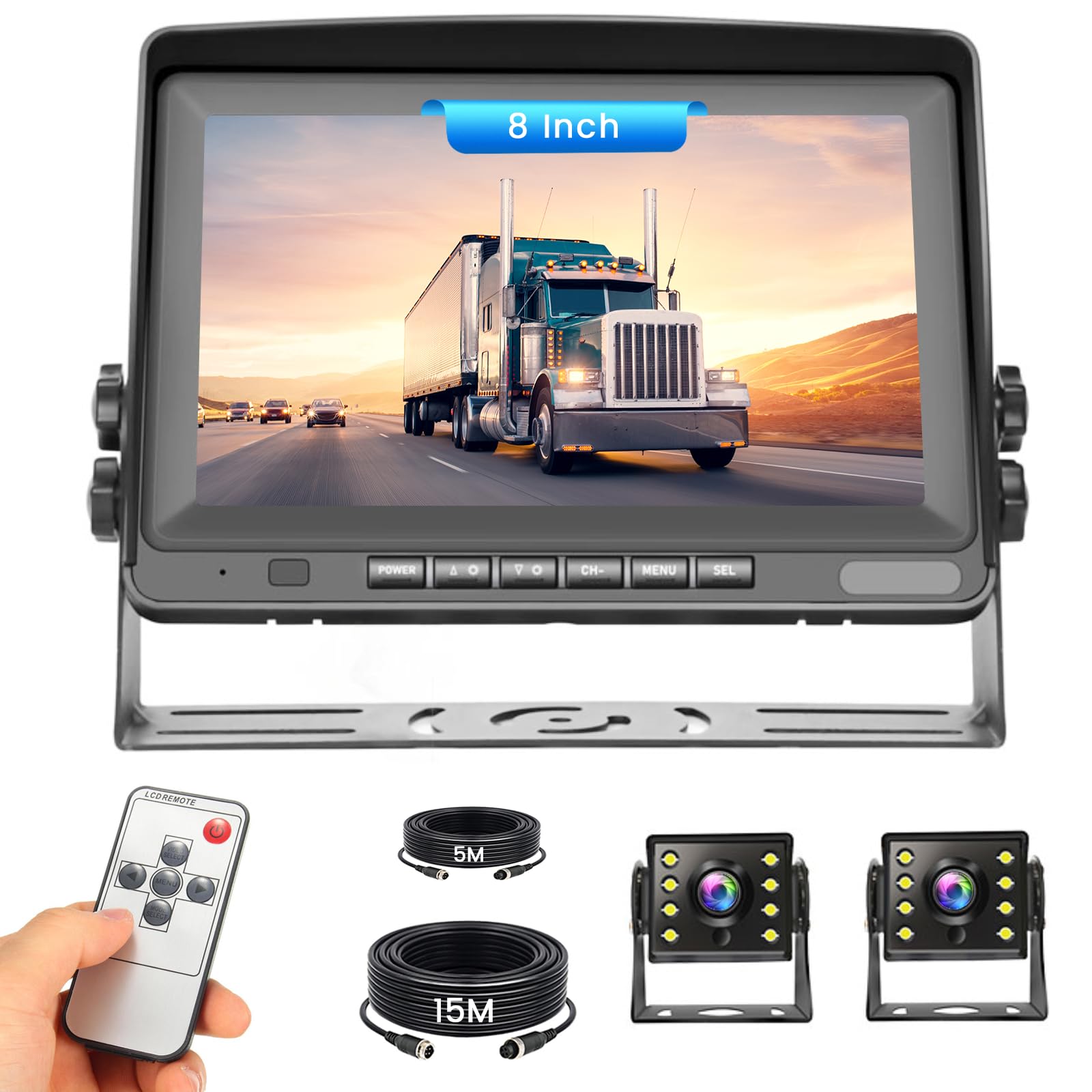 Kamera cofania do samochodu z 8-calowym monitorem LCD, dwie kamery AHD-1080p, wodoszczelność IP69, super noktowizor, kabel do kamery cofania do kampera/ciężarówki, przyczepy, autobusu/vanów, z