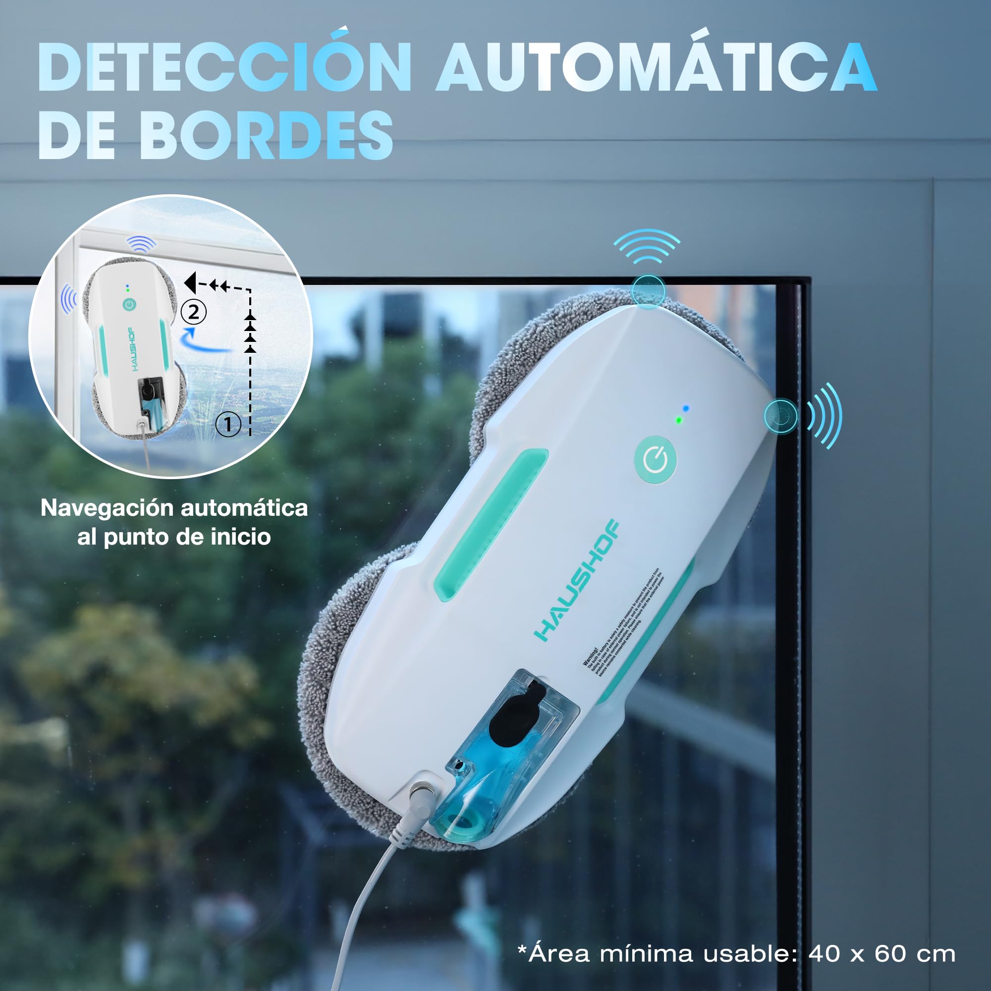 HAUSHOF Robot Limpiacristales, Limpia Cristales Electrico Ventanas, Robot Limpia Ventanas con Succión de 3800Pa, Limpiador Eléctrico de Ventanas con Control Remoto, Detección de Bordes