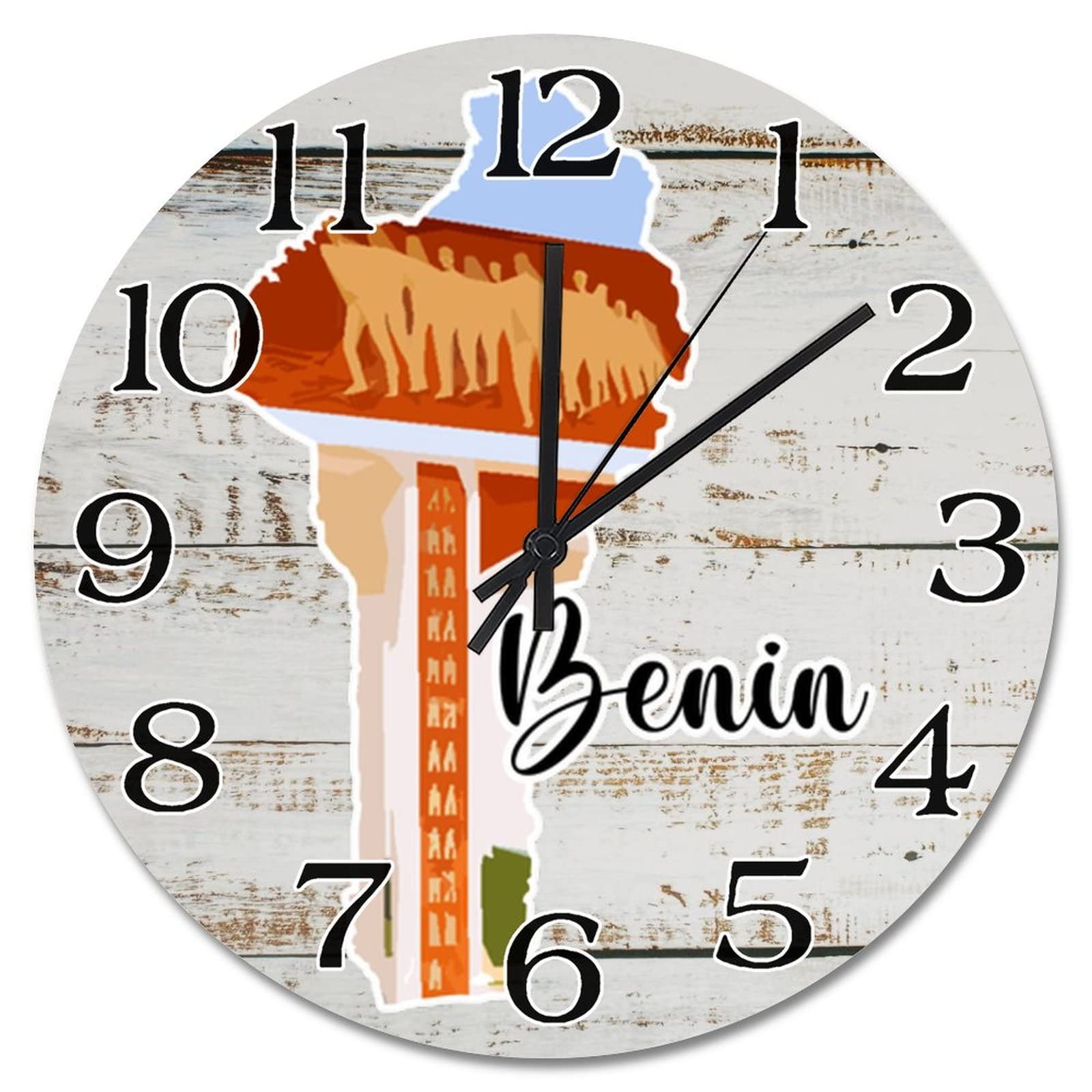 Horloge murale bois Bénin, cadeau idéal maison sans tic-tac pour salon