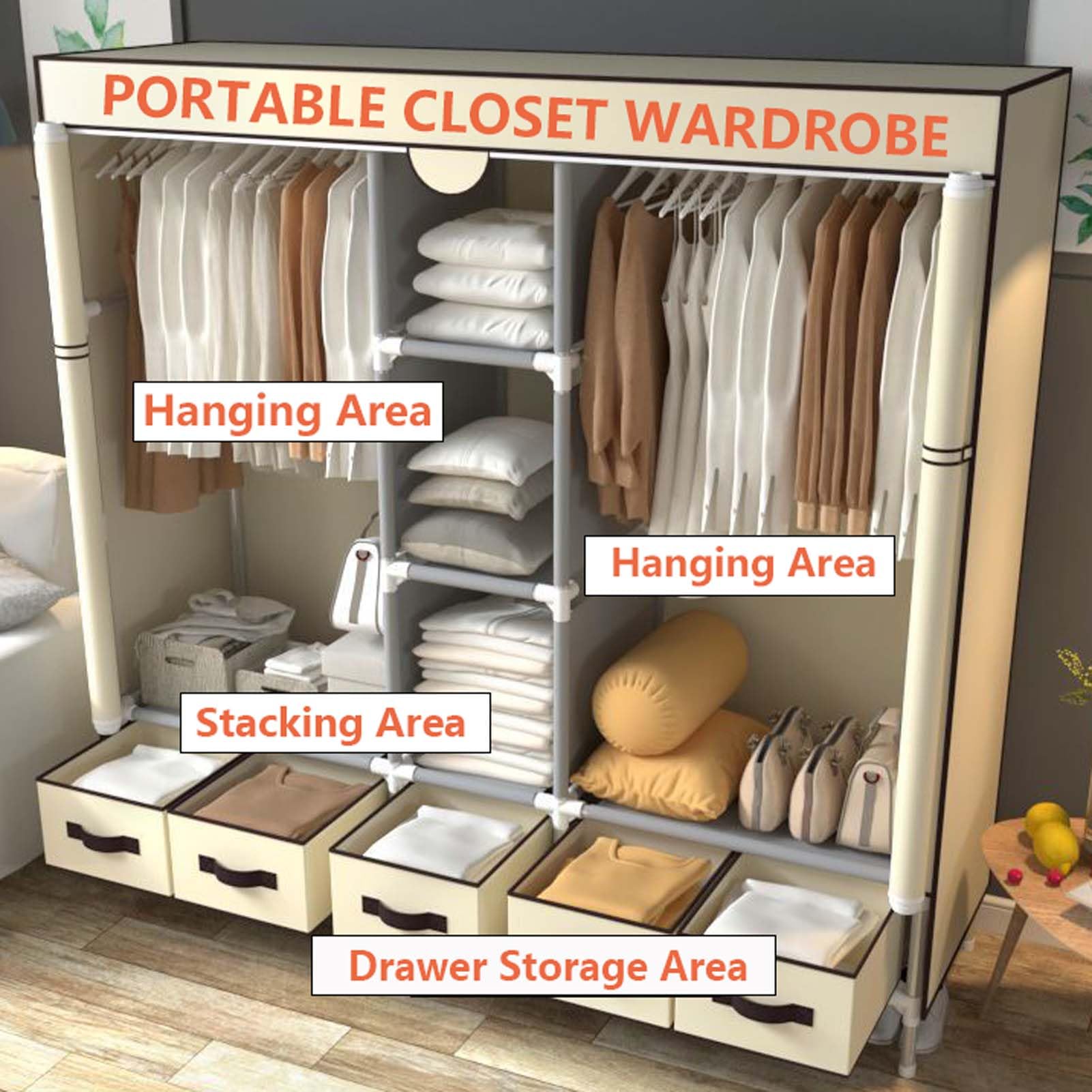 Stoff Kleiderschrank, Stoffschrank mit Kleiderstange, Tragbarer Kleiderschrank Diverse Farben, für Aufbewahrung, Taschen, Schlafzimmer, Ankleidezimmer (C 90cm)