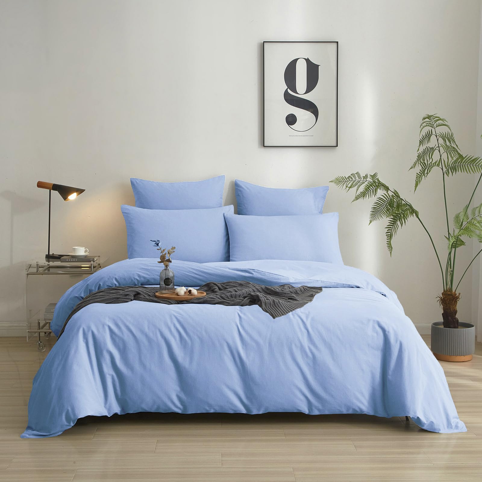 Luowei Bettwäsche 200x220 cm Baumwolle Hellblau Bettbezüge 3teilig 100% Gewaschene Baumwolle Bequem Atmungsaktiv Oeko-TEX Zertifiziert Bettwäsche Set mit Reißverschluss und 2 Kissenbezüge 80x80 cm