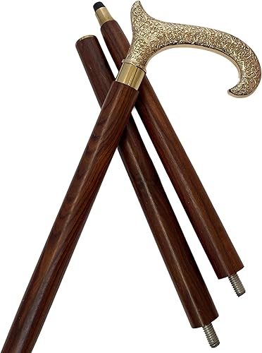 Bastón de madera vintage de 37 pulgadas para senderismo, madera de Sheesham marrón ébano con mango decorado floral para hombres y mujeres