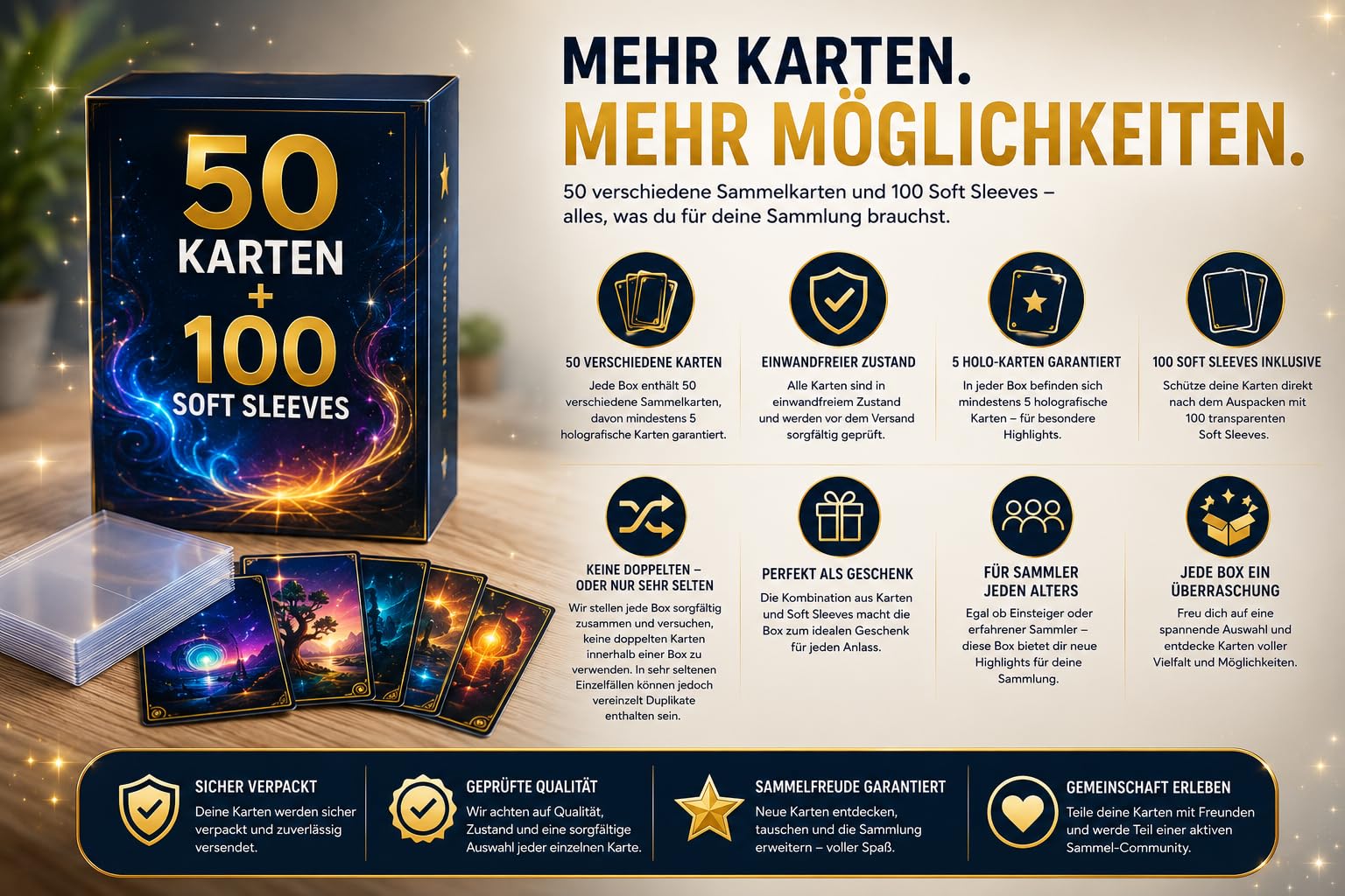 50 Original Pokémon Karten Deutsch – garantiert 5 Holo + 100 Ultra Pro Soft Sleeves – Karten Set für Sammler & Kinder