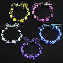 Editbar 5pcs LED Flower Crown Headbands - Luminous Rose Flower Wreath with 3 Modes, Adjustable with Ribbons, 10 Lamp Beads, LED Garland for Women, Halloween, Valentine's Day, Beach Parties & Weddings
