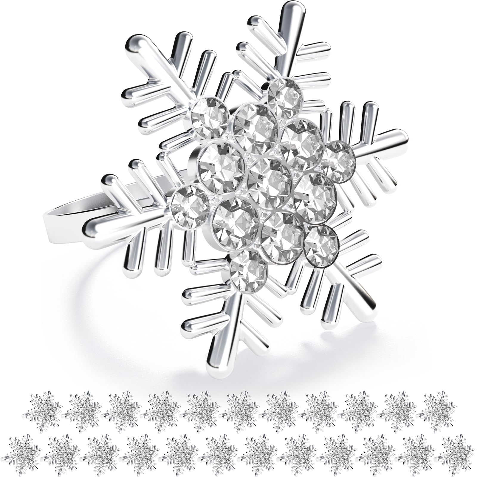 ZeeDix Set of 24 Sliver Snowflake Christmas Napkin Rings for Dinning Table Setting- Rustic Dinner Tables Setting Decoration for Wedding Receptions, Christmas, Thanksgiving Holiday Party Dinner Parties