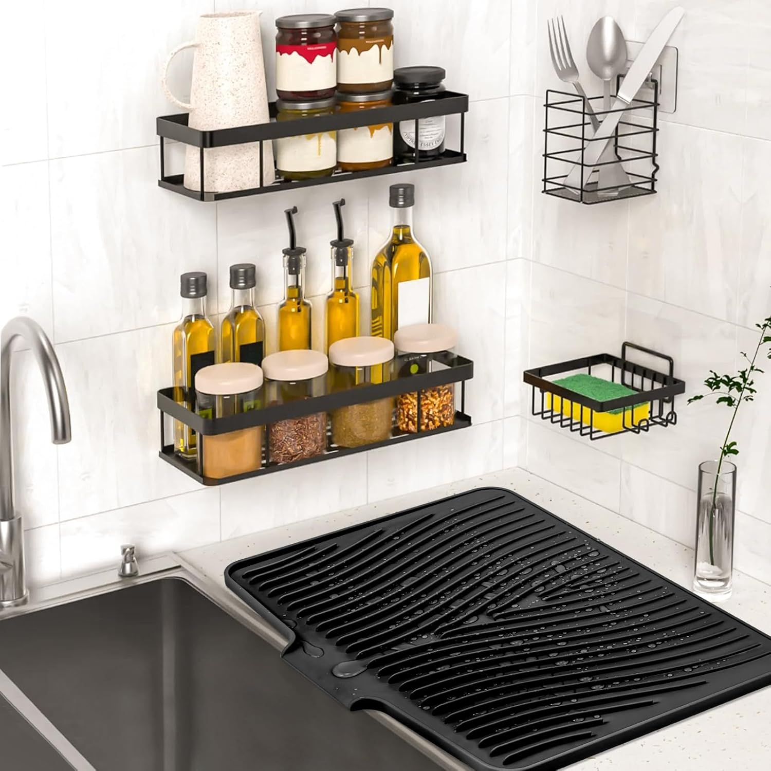 TIKNIK Silicone Dish Drying Mat, Stone Drying Mat for Kitchen Counter with Built-In Drain, Non-Slip Drain Pad with Built-in Drain, Heat Resistant Stone Drying Mat, Hangable, Black-1pc, 20" x 15"