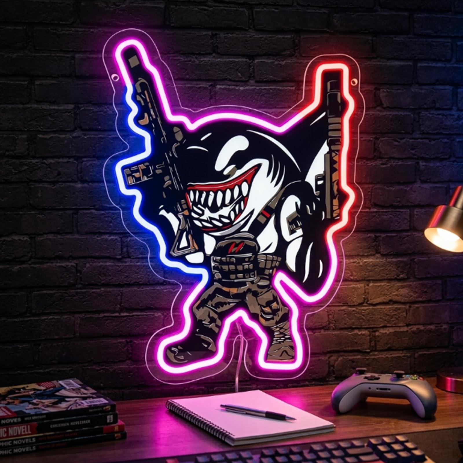 Vanom Neon Sign Anime Lights Shark with Pistol LED Gaming Sign for Wall Neon Lamp USB Dimmable for Game Zone Man Cave Boys' Room Playroom Gifts for Men