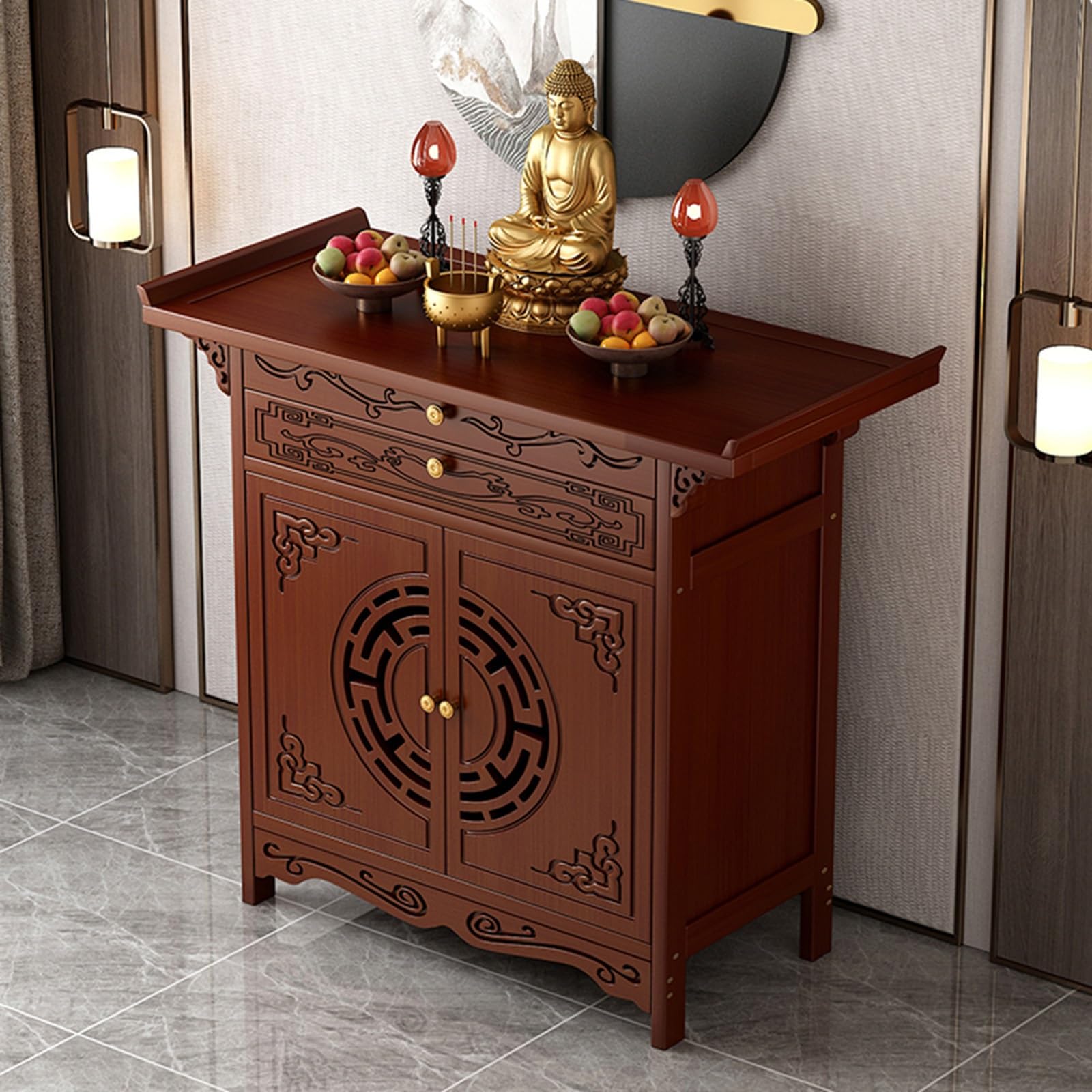 MESCXTY Altar Table with Storage Cabinet, Personal Shrine Table, Easy Assembly, Double Door Design,Carved Design, for Incense and Pray(31.5 * 15.8 39.4in)