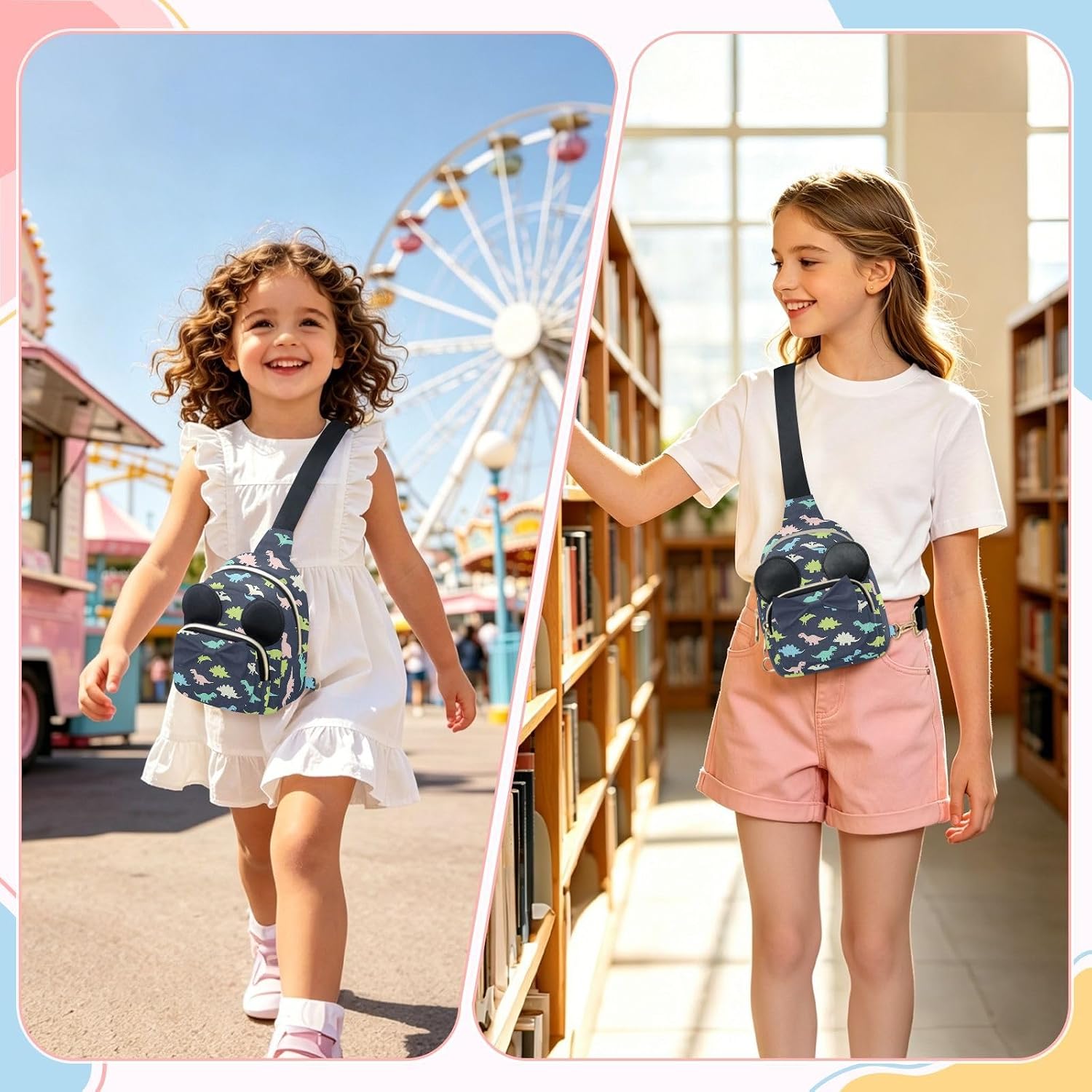 Sinestour Dinosaurs Kids Crossbody Bags for Girls, 3.1"x7.5"x5.7" | Crossbody Fanny Pack, Toddler Purse, Cute Sling Belt Bag with Ears, 2L Small Shoulder Chest Bag for Travel