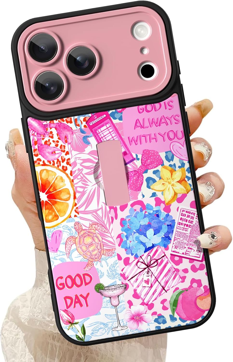 KANGHAR Compatible with iPhone 17 Pro Max Case Summer Collage Coastal Pattern Finger Stand Design Full Body Rugged Shockproof Protection Glossy Protective Kickstand Phone Cover 6.9 Inch Pink